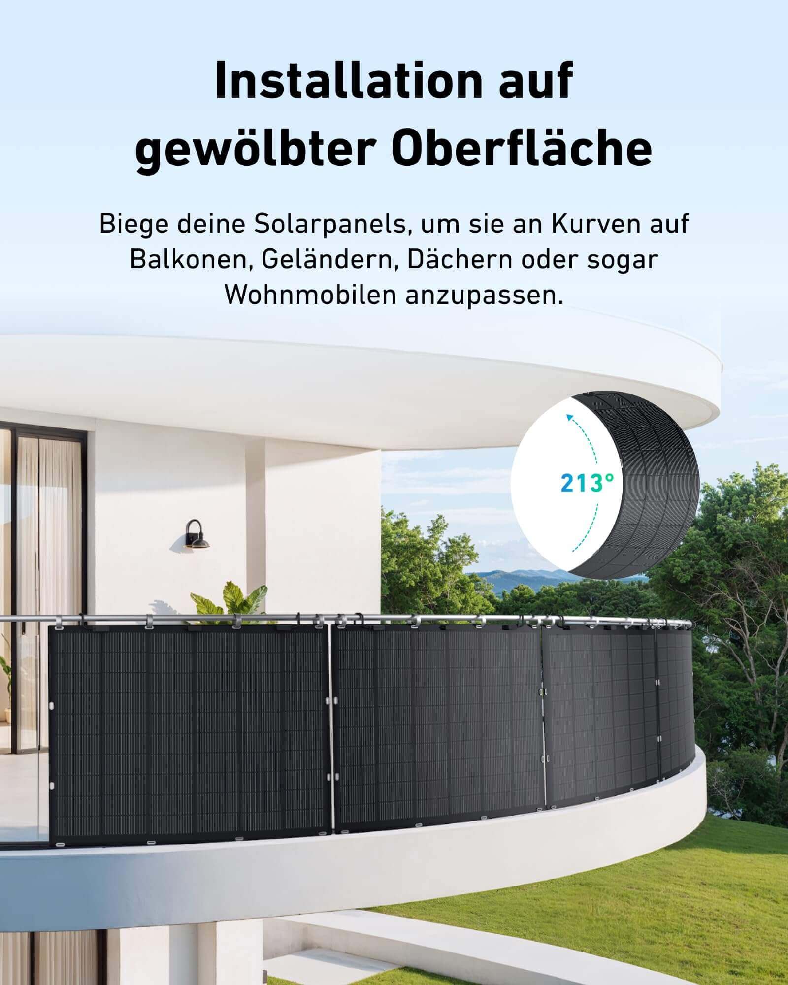 Installation von flexiblen Solarmodulen auf gewölbten Oberflächen, passend für Balkone und Dächer.