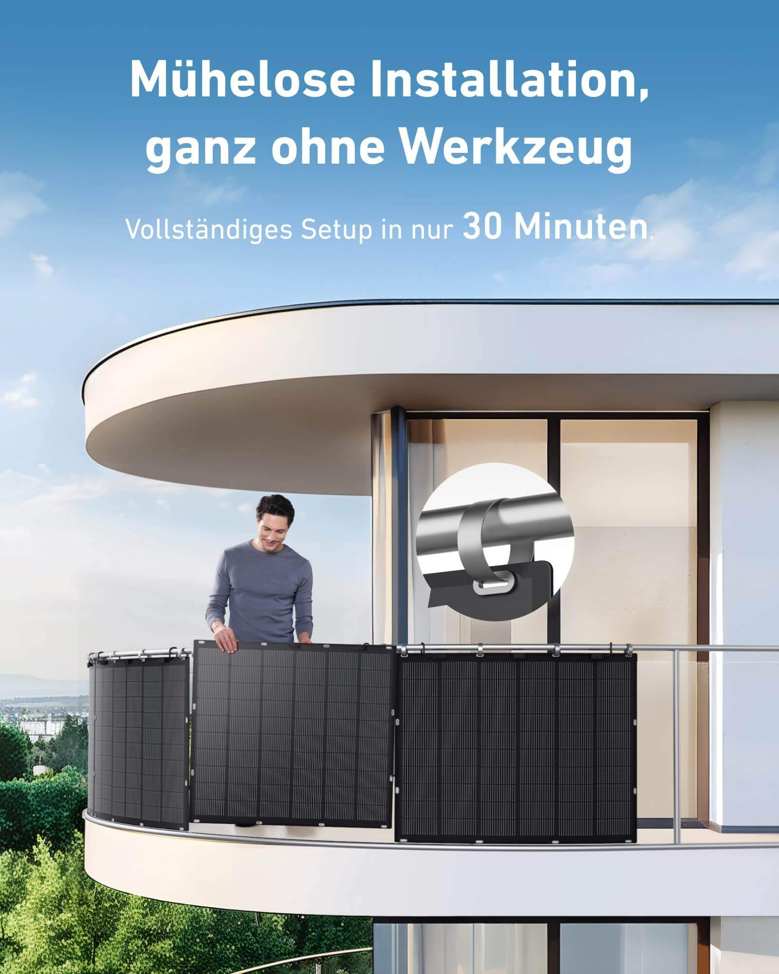 Mann installiert flexibles Solarpanel auf Balkon, werkzeuglos in 30 Minuten, mit modernem Design.
