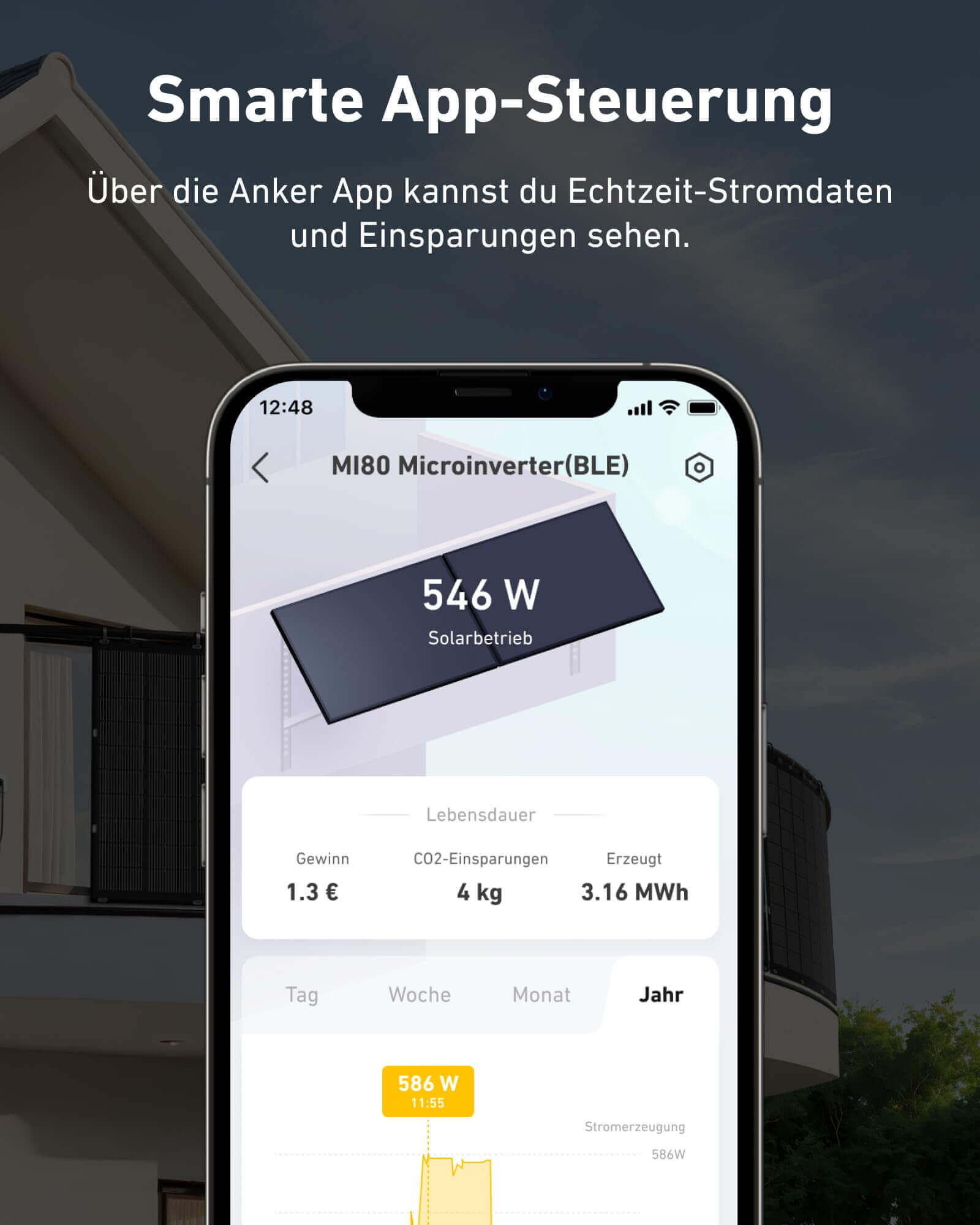 Anker App showing real-time energy data and savings for the MI80 Microinverter with 546W solar output.