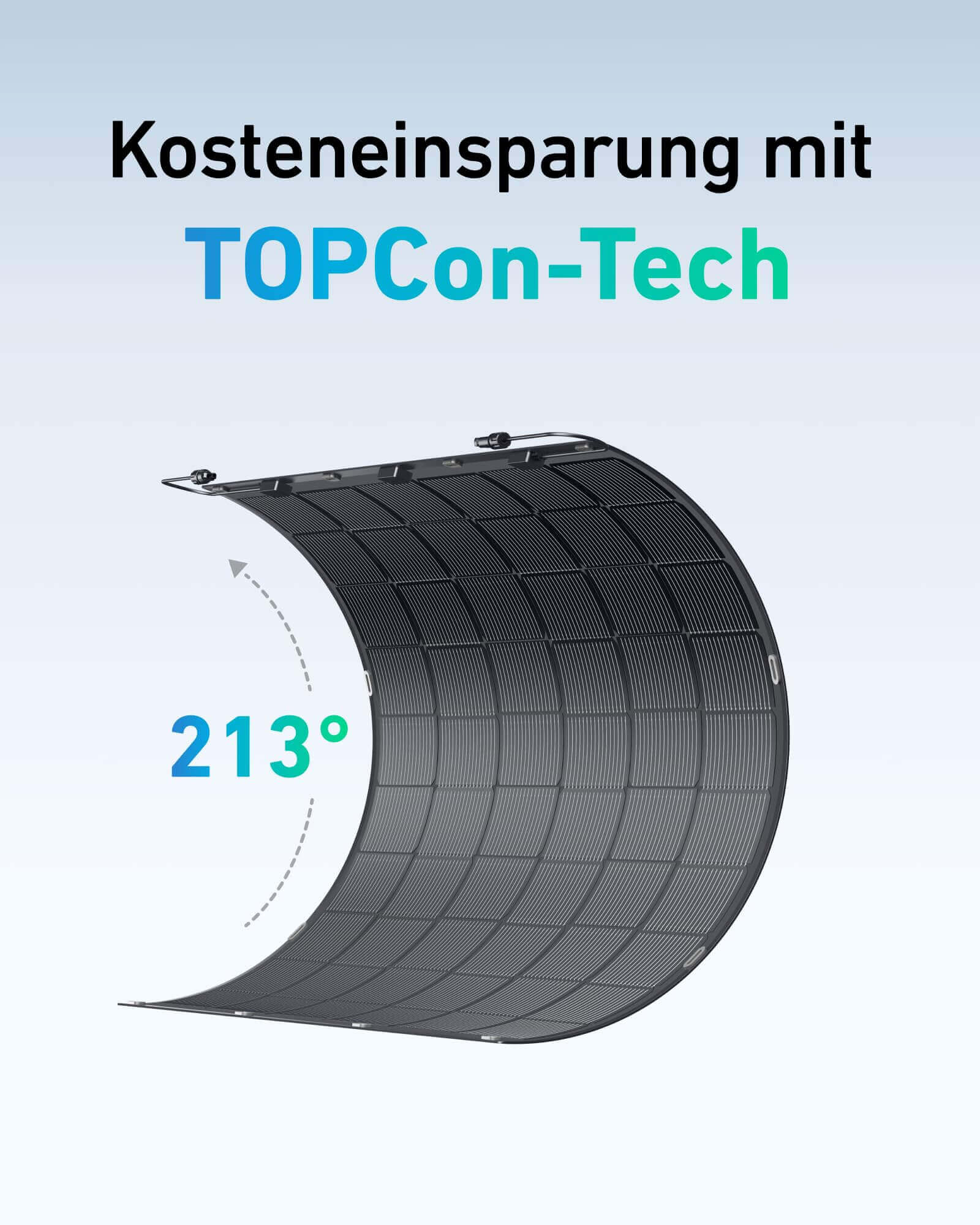 Flexibles Solarmodul mit TOPCon-Technologie, zeigt Biegung bis 213° zur Kosteneinsparung.