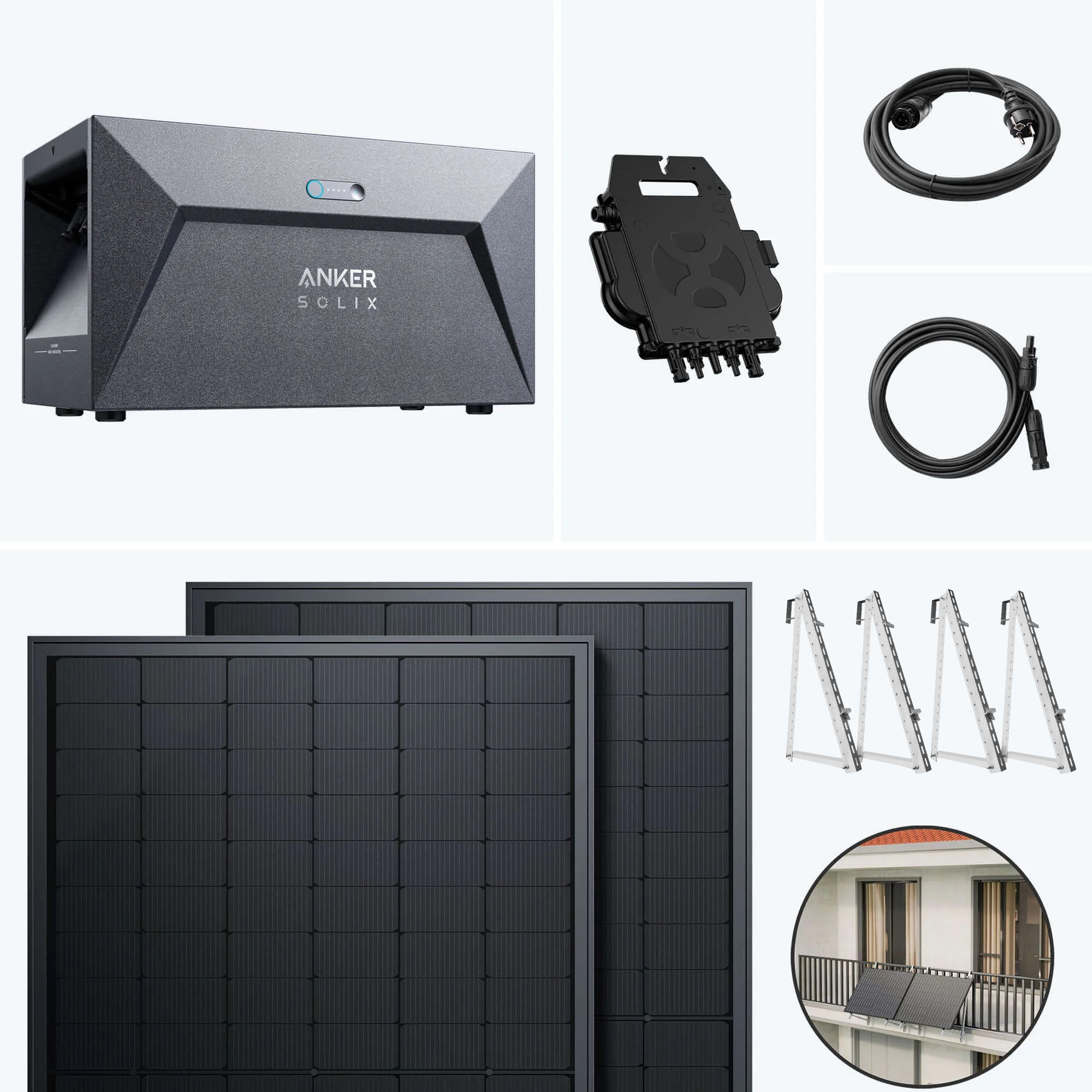 SolarMars Balkonkraftwerk mit Speicher Anker SOLIX Solarbank E1600 800W EZ1 Komplettset und Zubehör