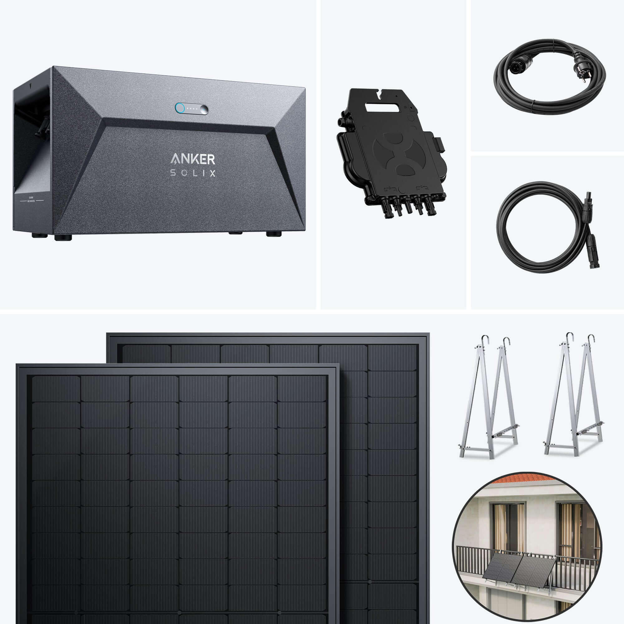 SolarMars Balkonkraftwerk mit Speicher Anker SOLIX Solarbank E1600 800W EZ1 Komplettset mit Zubehör und Solarpanels.