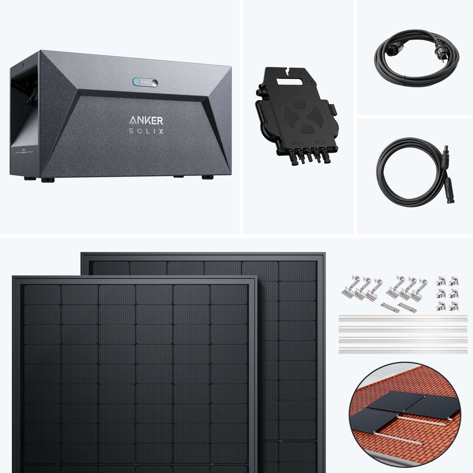 SolarMars Balkonkraftwerk mit Speicher Anker SOLIX Solarbank E1600 800W EZ1 Komplettset components including solar panels and accessories.