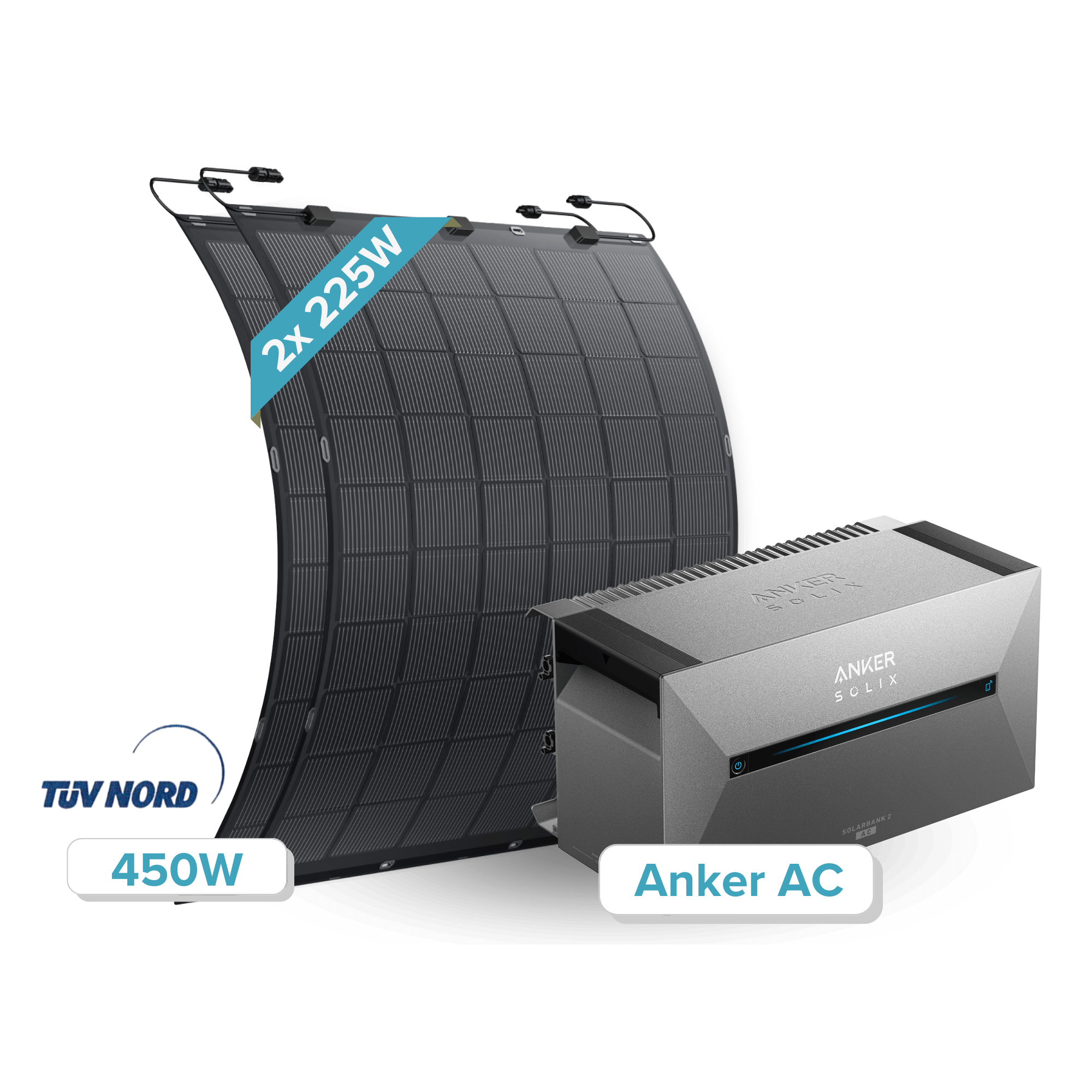 Flexibles 450W Solarmodul mit Anker Solix Solarbank E1600 AC, leichte und biegsame Solarpanele.