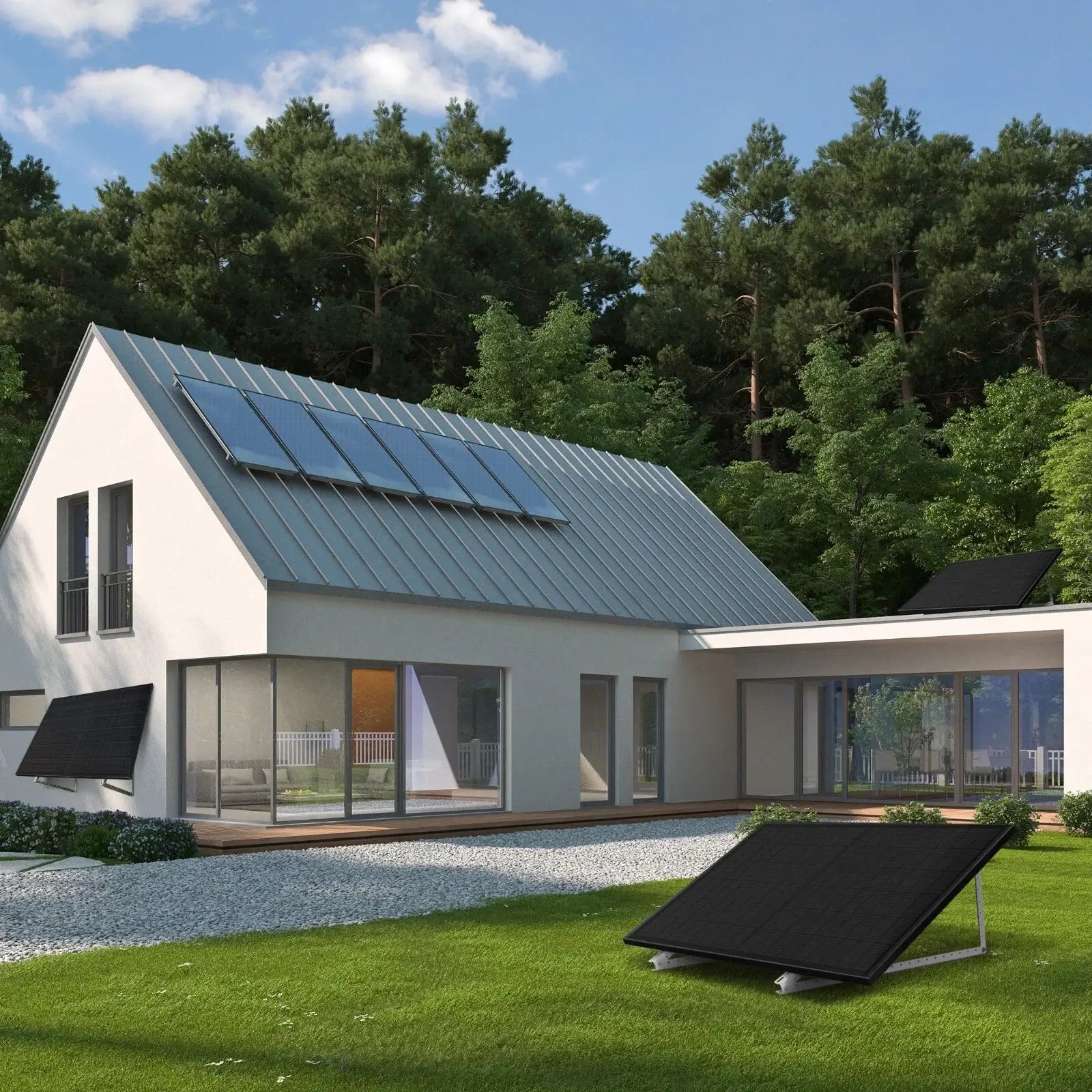 Sunpro Solarpanel Glas-Glas Module für Balkonkraftwerk Topcon Bifazial Full Black auf einem modernen Haus.