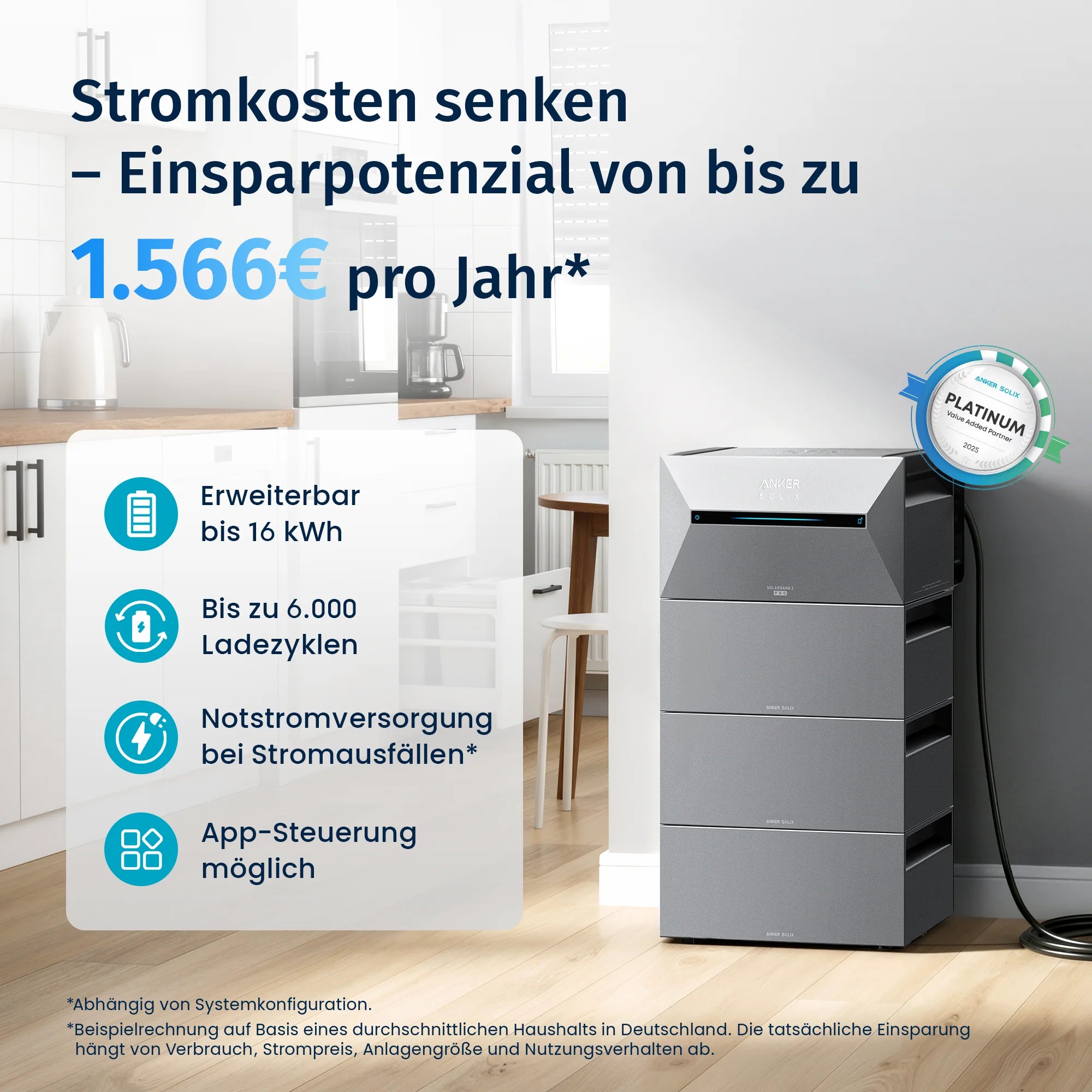 Anker Solix Pro3 Hausspeicher, erweiterbar bis 16 kWh, 6.000 Ladezyklen, Notstromversorgung bei Ausfall, App-Steuerung möglich.