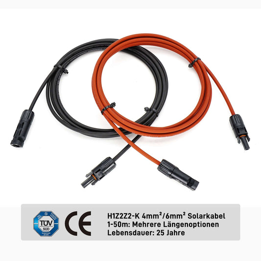 Solarkabel Verlängerung 4 mm²/6 mm² mit MC4-Steckern, TÜV & CE-zertifiziert, erhältlich in mehreren Längen.