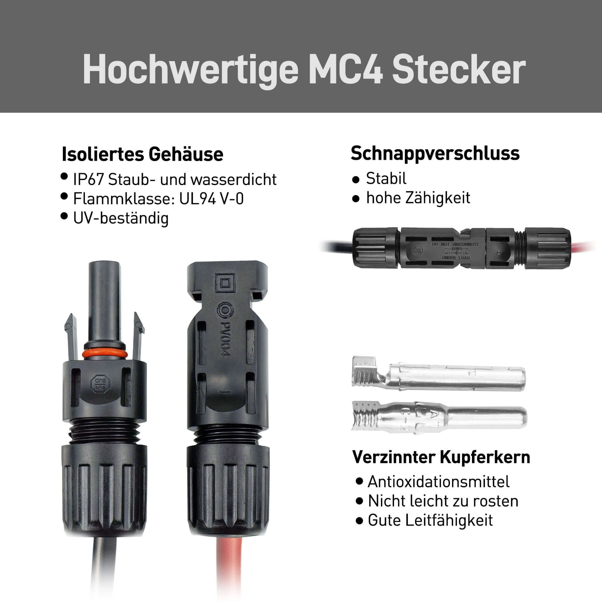 Hochwertige MC4 Stecker mit isoliertem Gehäuse, Schnappverschluss, und verzinntem Kupferkern für Solarinstallation.