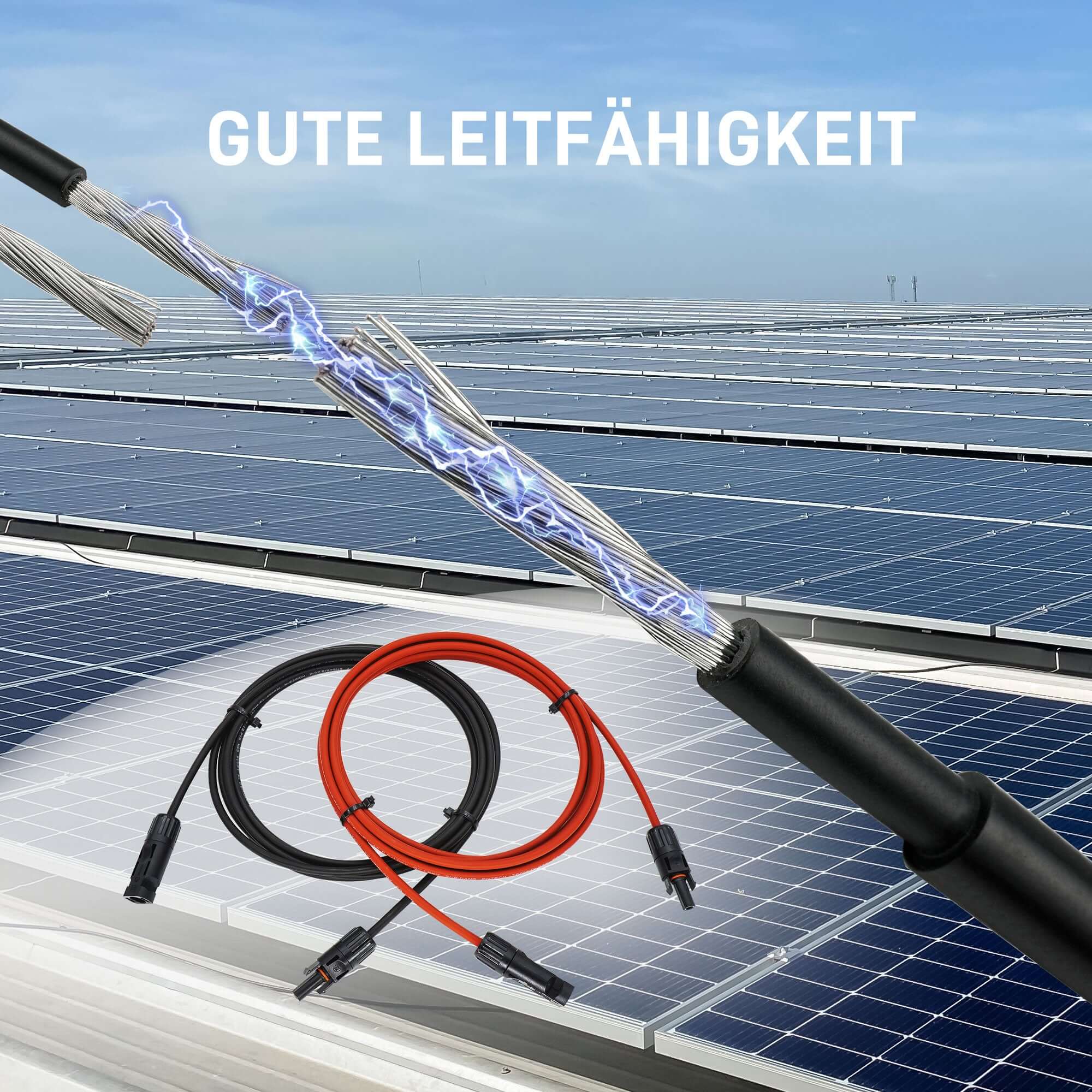 Solarkabel Verlängerung mit MC4 Steckern, gute Leitfähigkeit, für Solarmodule geeignet, rote und schwarze Kabel.