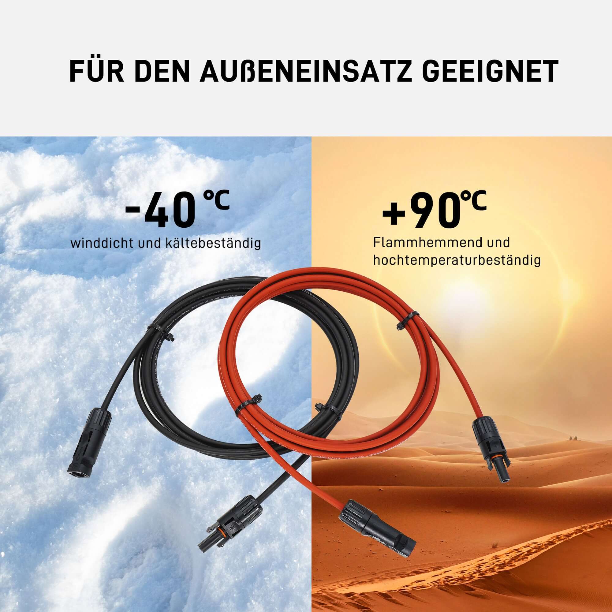 Solarkabel Verlängerung für den Außenbereich, temperaturbeständig von -40°C bis +90°C, zeigt rote und schwarze Kabel.