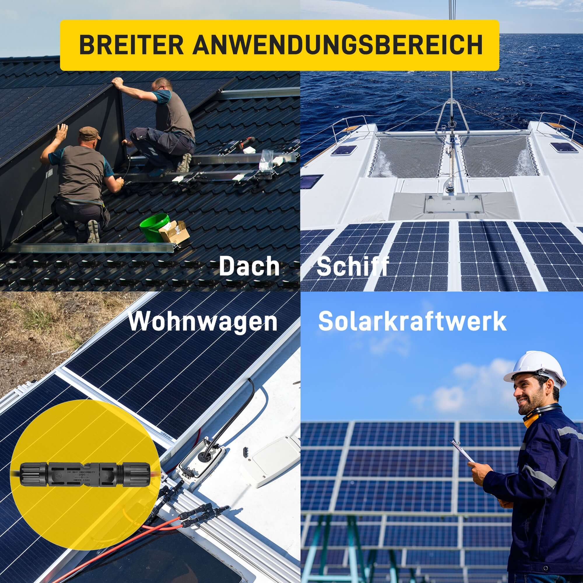 Produktanwendung von Solarkabeln auf Dach, Schiff, Wohnwagen und Solarkraftwerk mit MC4 Steckverbindungen.