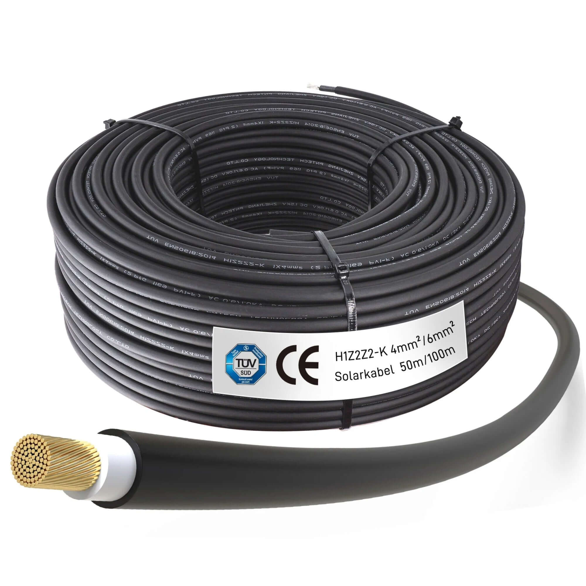 Solarkabel H1Z2Z2-K Verlängerungskabel für Solarmodule, 50m/100m, TÜV/CE-zertifiziert, schwarze Farbe.