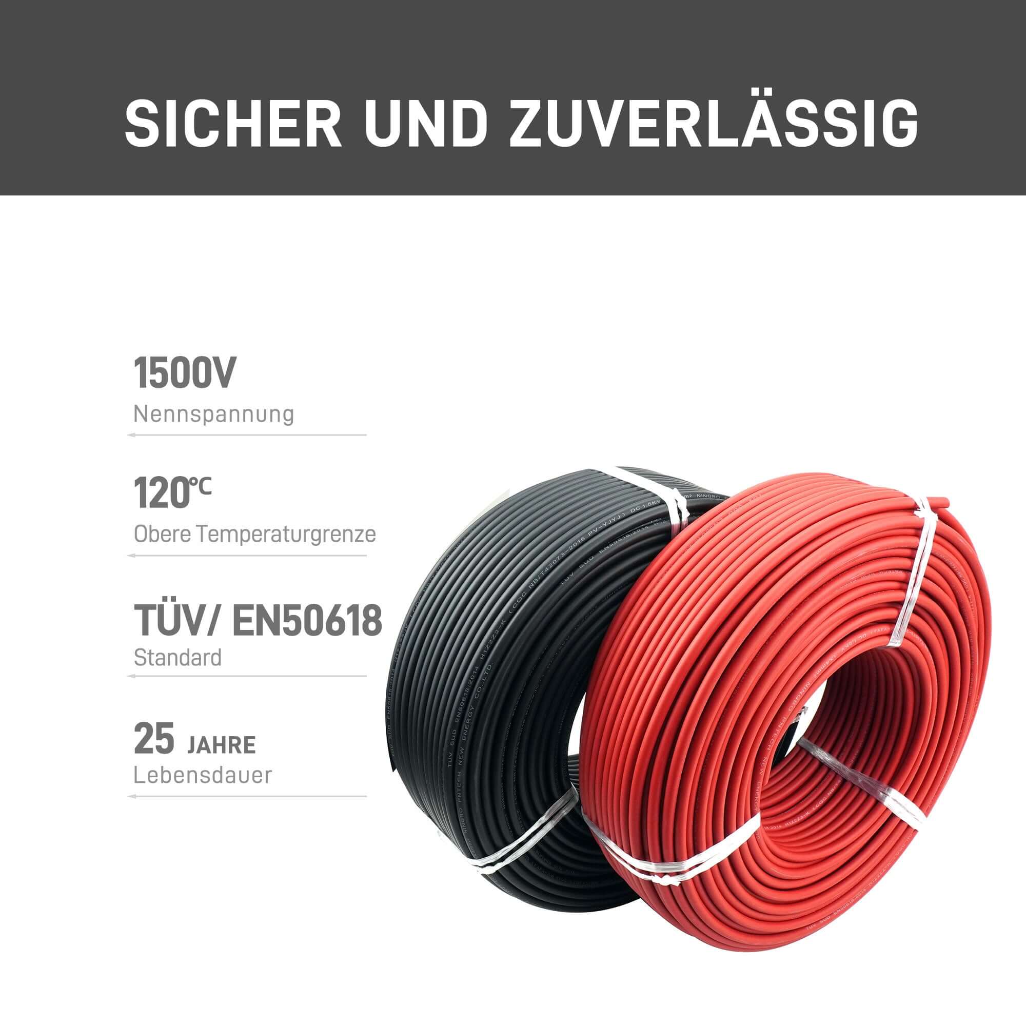 Solarkabel H1Z2Z2-K Verlängerungskabel für Solarmodule in rot und schwarz mit Zertifizierungen