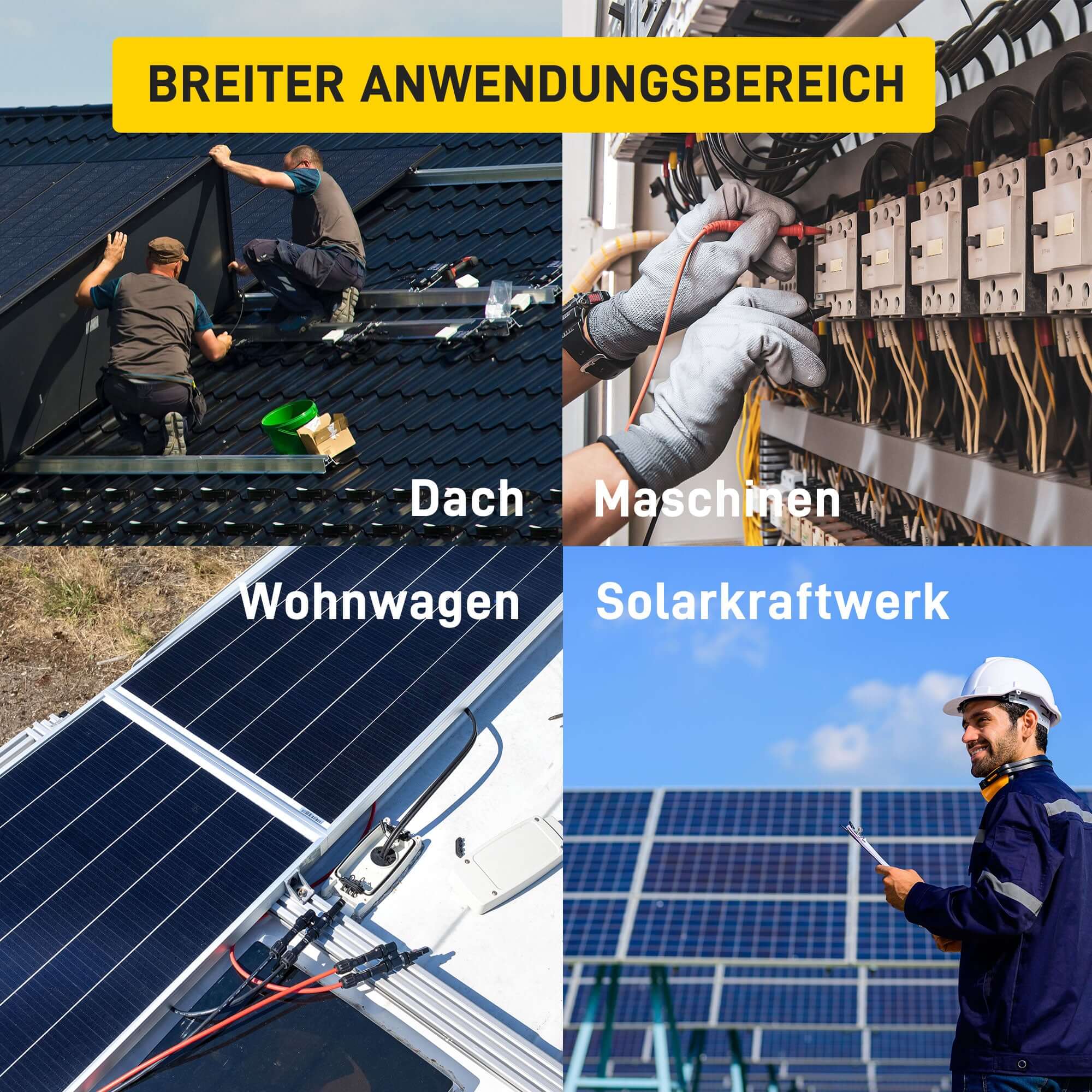 Solarkabel H1Z2Z2-K Verlängerungskabel für Solarmodule in verschiedenen Anwendungen wie Dach, Maschinen und Solarkraftwerk.