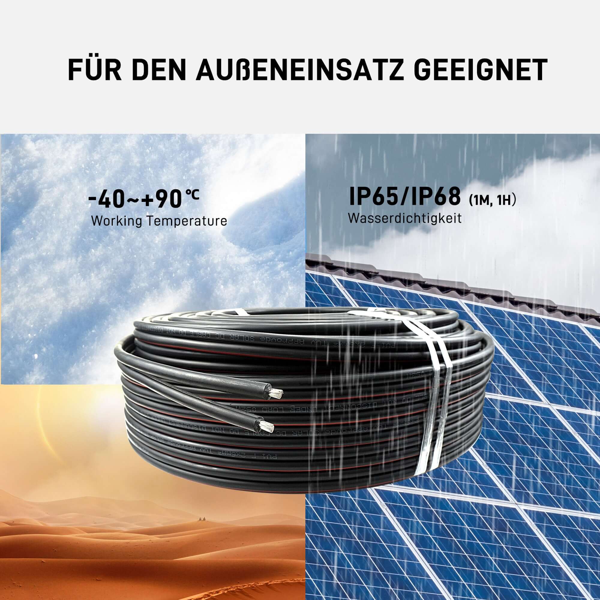 Solarkabel H1Z2Z2-K Verlängerungskabel für Solarmodule, geeignet für Außeneinsatz mit IP65/IP68 Waterproof.