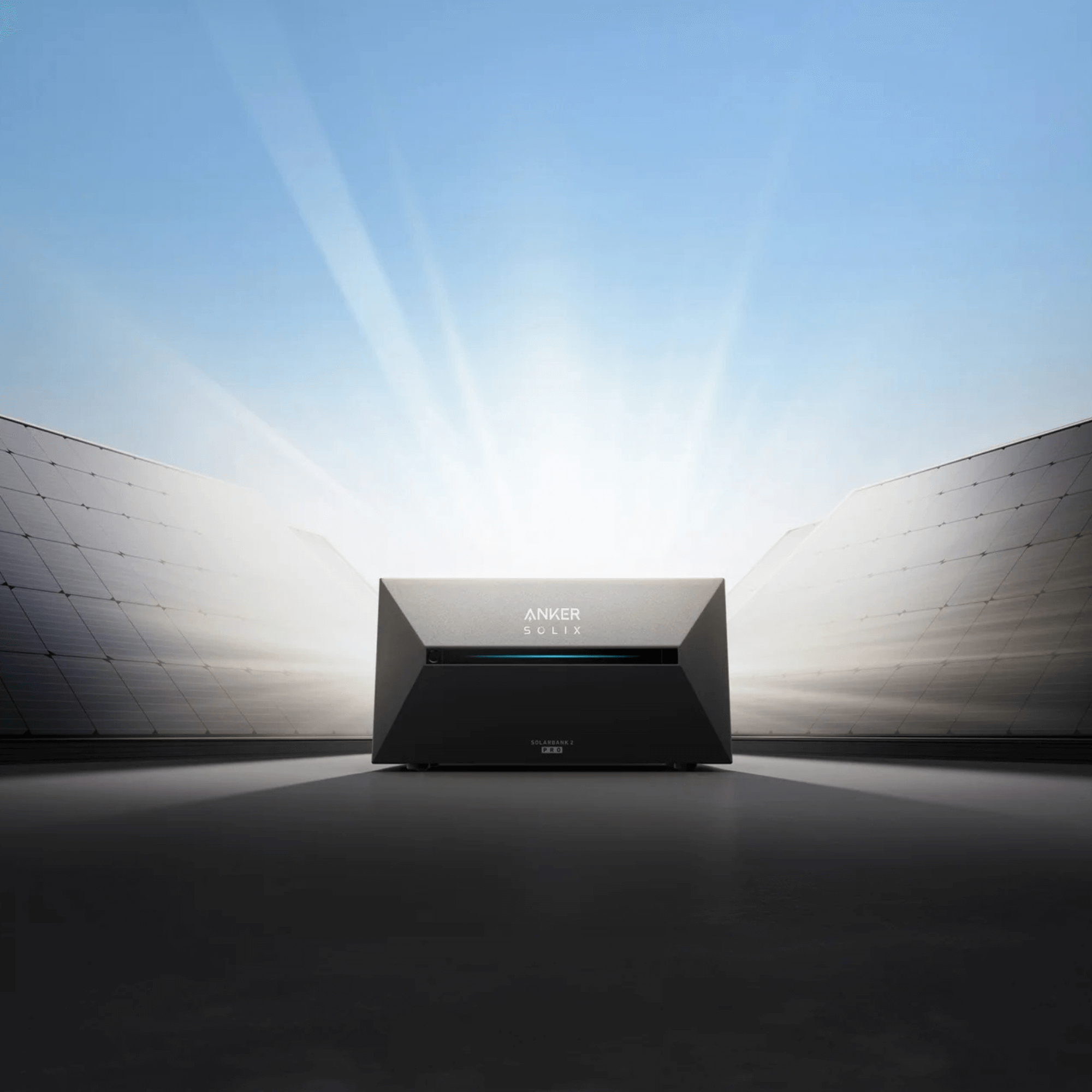 Anker SOLIX Solarbank 2 E1600 Pro Speicher 1600wh with solar panels and sun rays in the background.