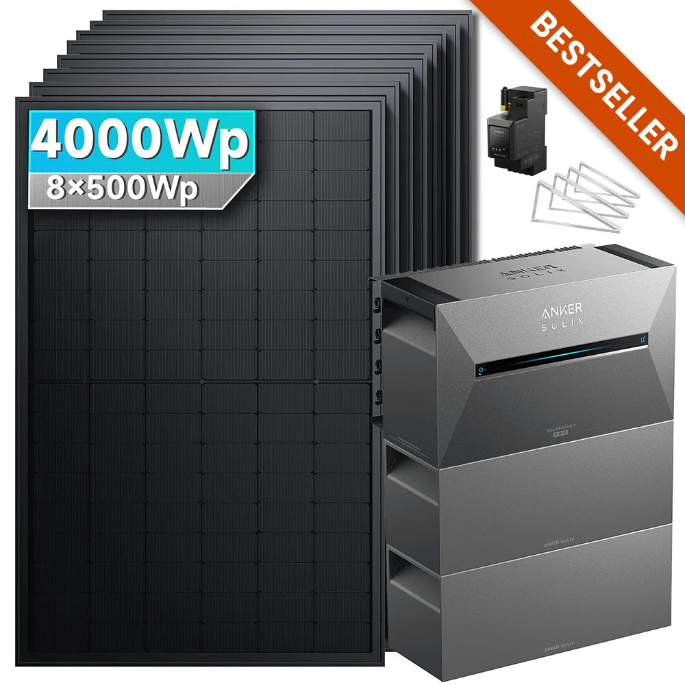 Balkonkraftwerk 4000 Watt mit Speicher Anker SOLIX Solarbank 3 E2700 Pro mit 8x500Wp Solarmodule und MC4 Solarkabel Set