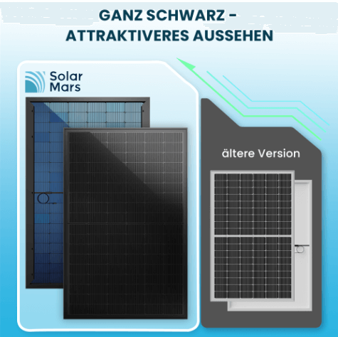 Vergleich von Solar Mars Solarpaneln mit ganz schwarzem Design und älterer Version für attraktiveres Aussehen.