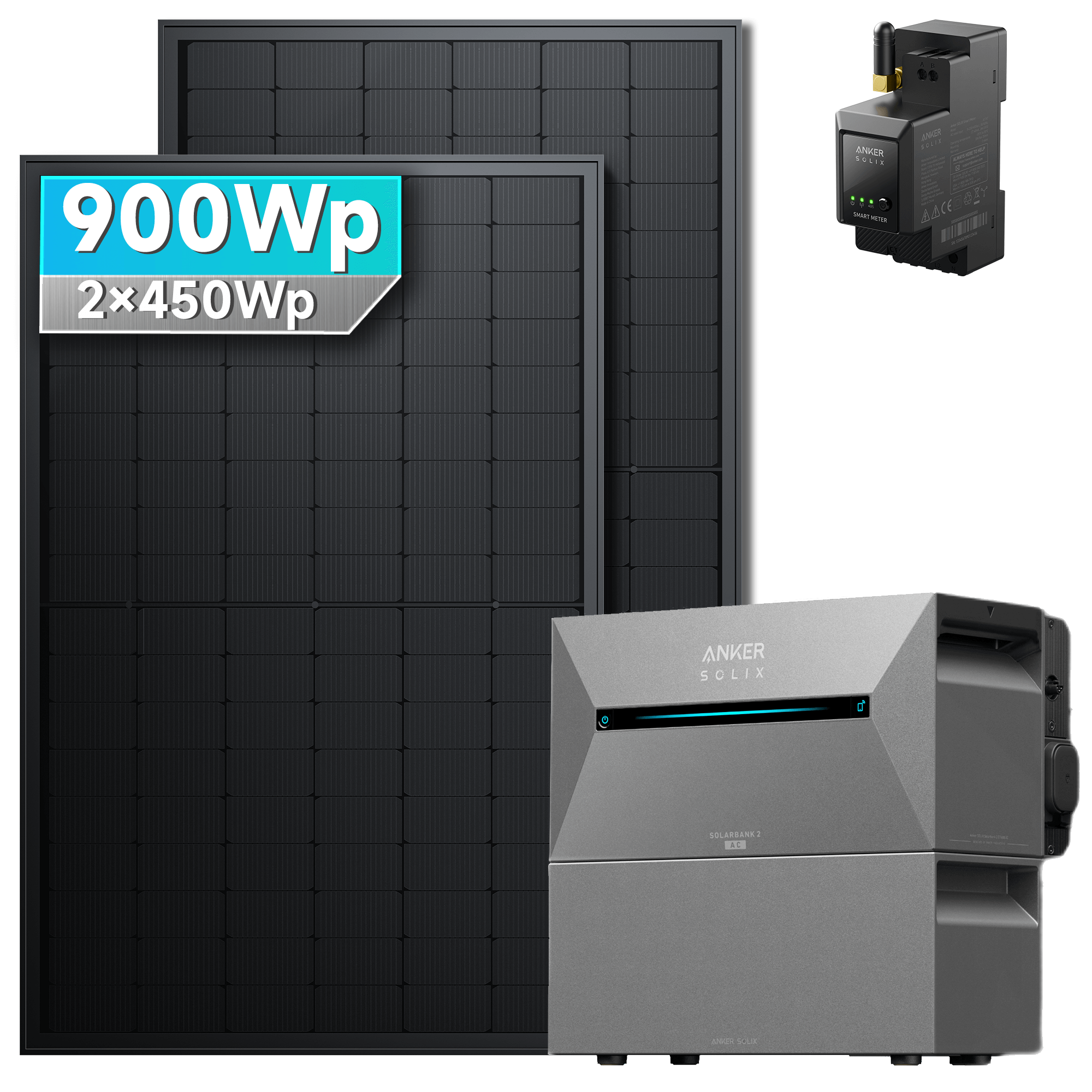 Anker SOLIX Solarbank 2 E1600 AC Balkonkraftwerk speicher mit 450/500Wp Bifaziales Solarmodul Set, 900Wp total.