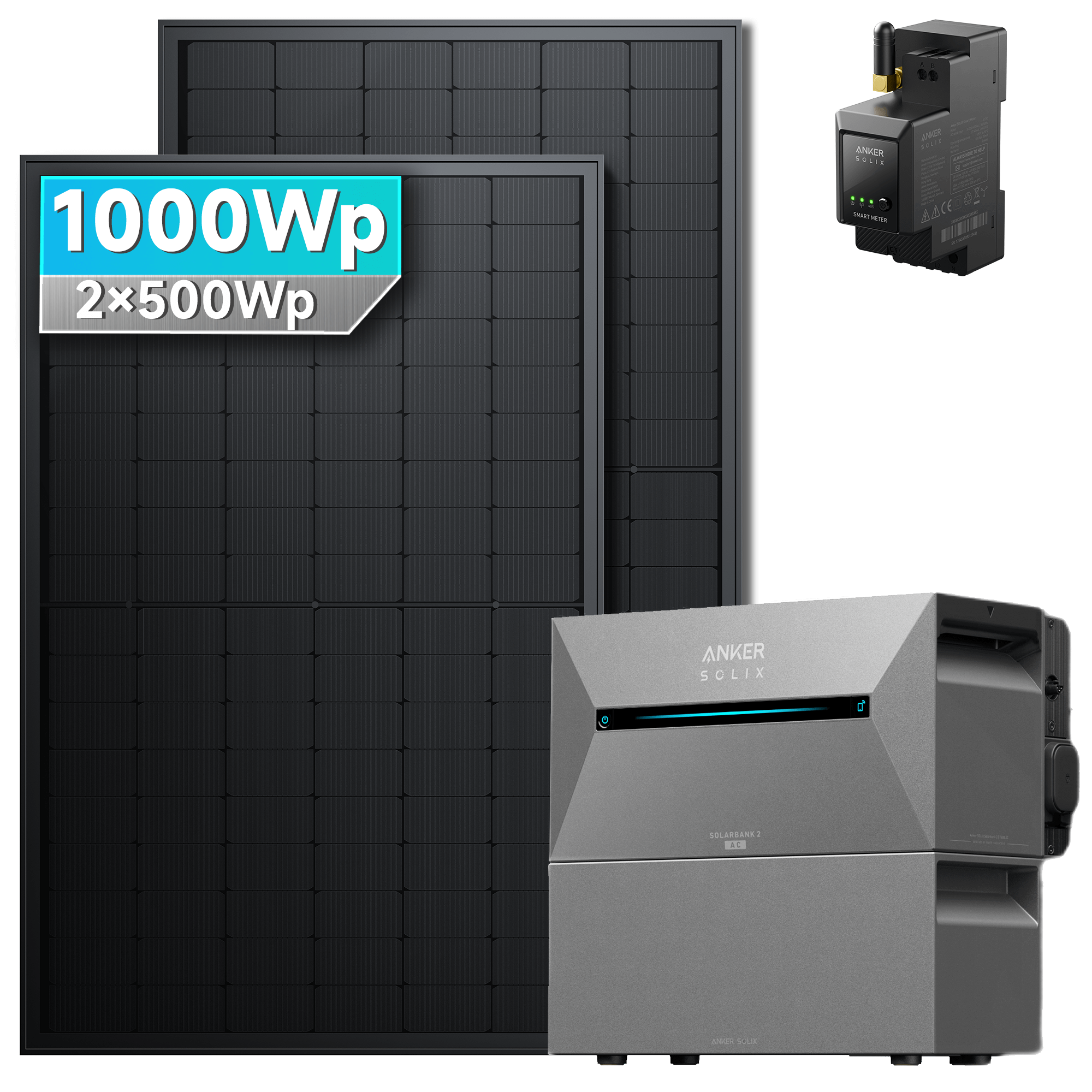 Anker SOLIX Solarbank 2 E1600 AC Balkonkraftwerk speicher mit 450/500Wp Bifaziales Solarmodul Set und 1000Wp Leistung.