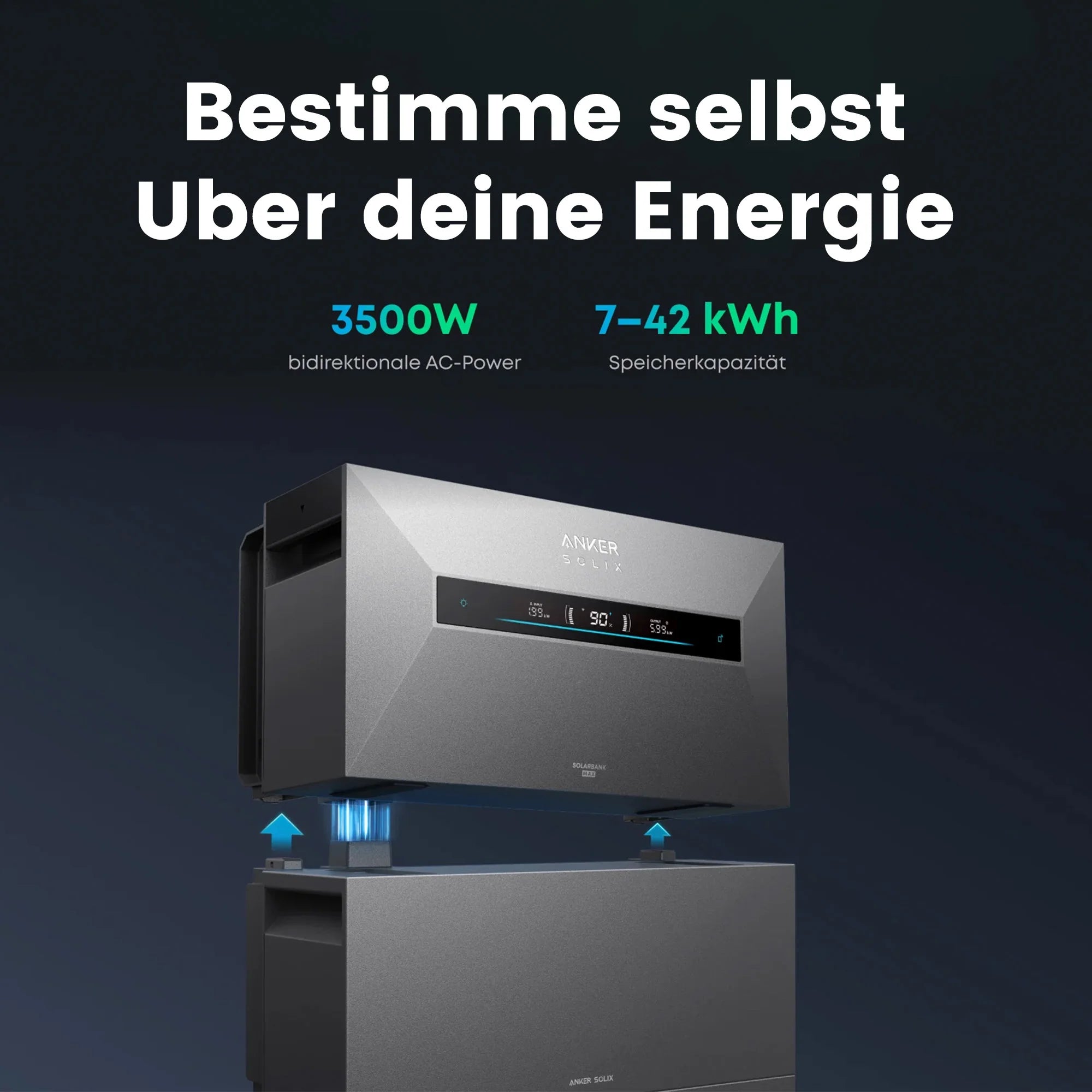 Anker SOLIX Solarbank Max AC Speicher 7000Wh mit 3500W bidirektionaler AC-Power und 7-42 kWh Speicherkapazität.