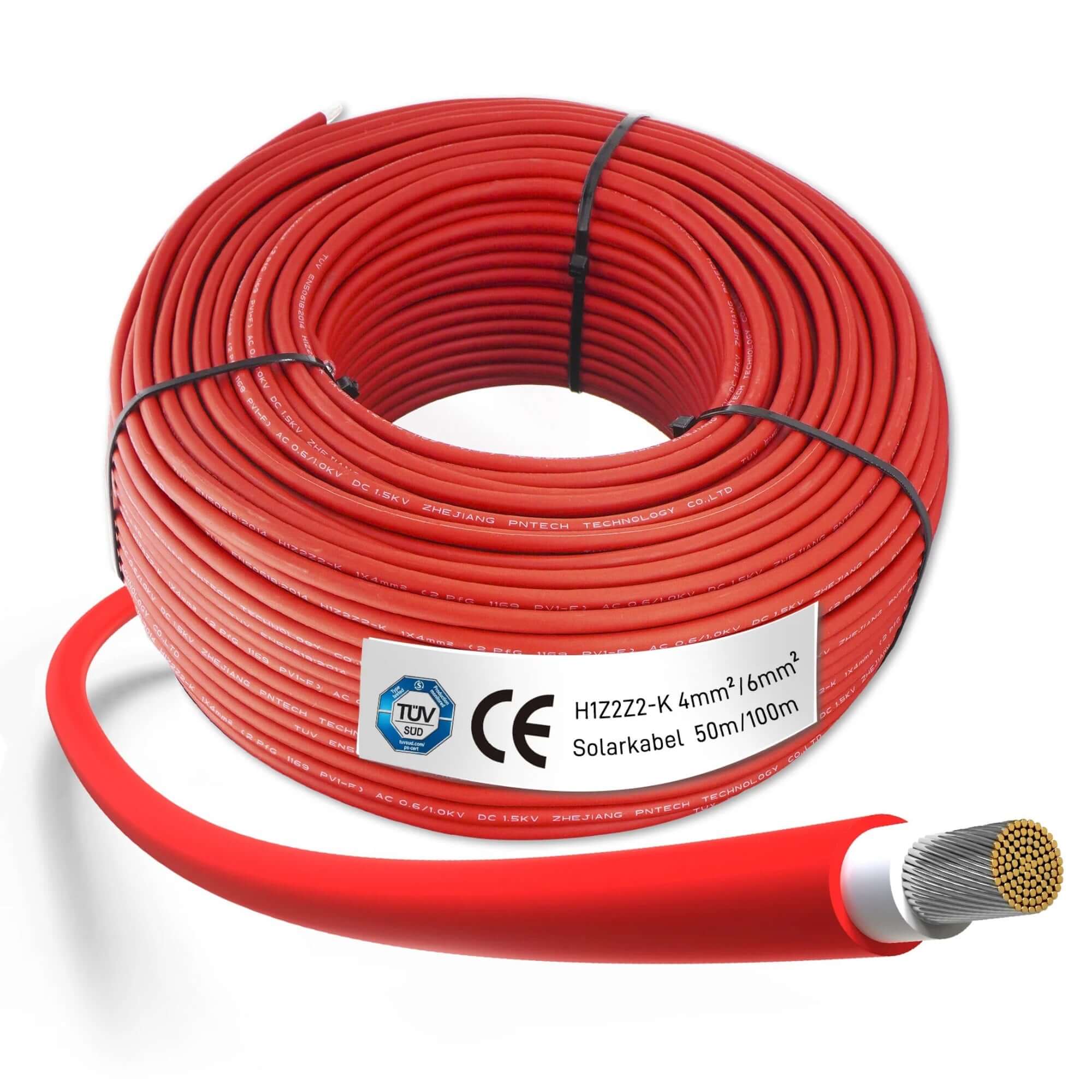 Solarkabel H1Z2Z2-K Verlängerungskabel für Solarmodule in rot, 50m oder 100m, TÜV und CE-zertifiziert.