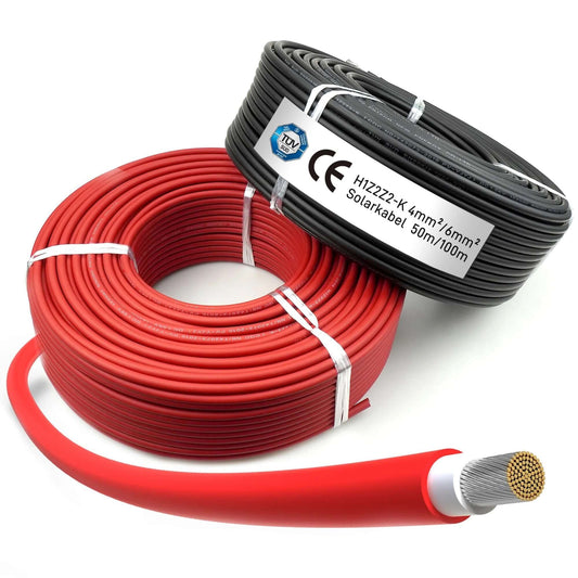 Solarkabel H1Z2Z2-K Verlängerungskabel für Solarmodule, rot und schwarz, 4 mm²/6 mm², 50M/100M, TÜV, CE-zertifiziert.