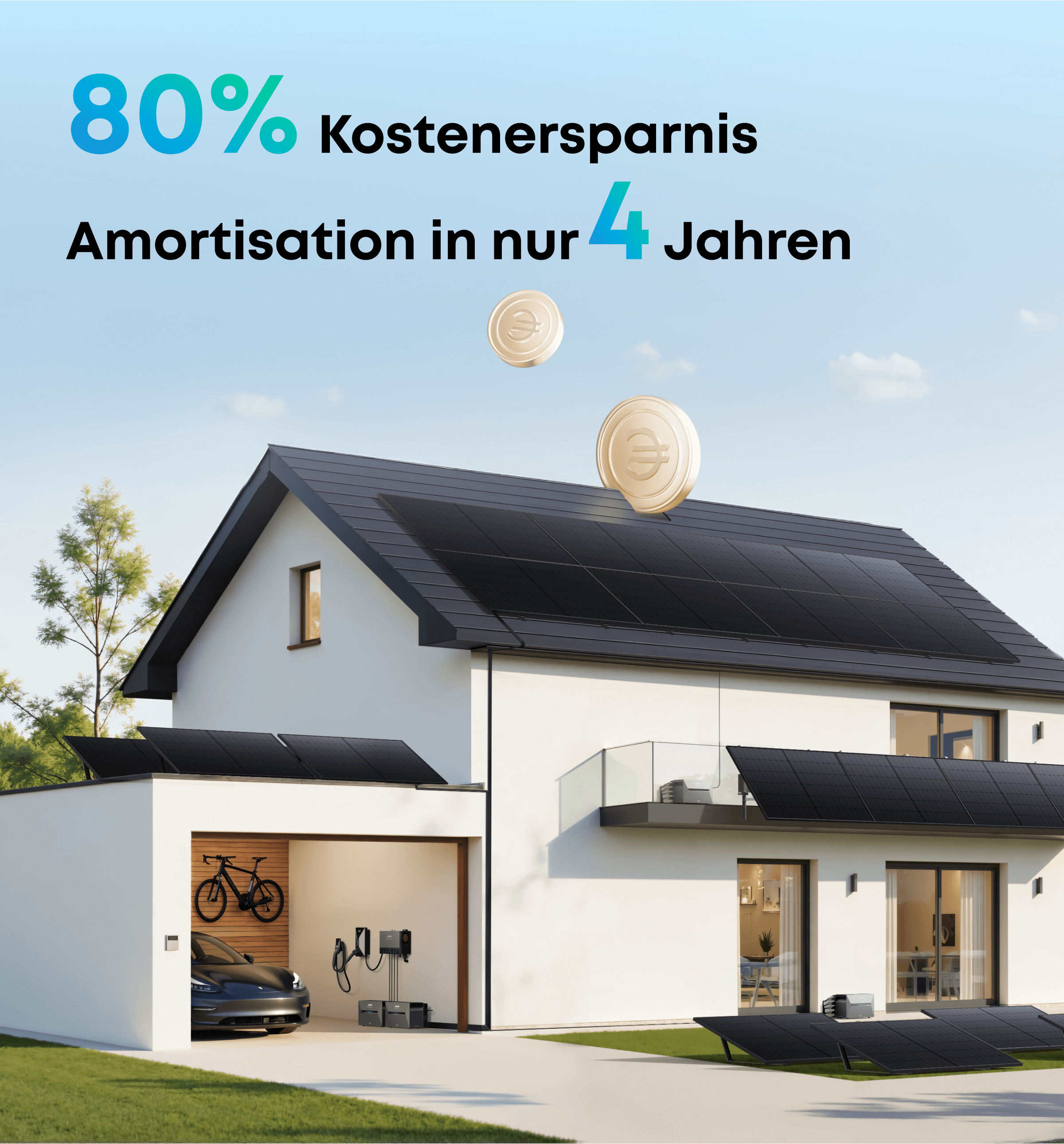 Anker SOLIX Power Dock showcases a modern home with solar panels, highlighting 80% savings and 4-year amortization.