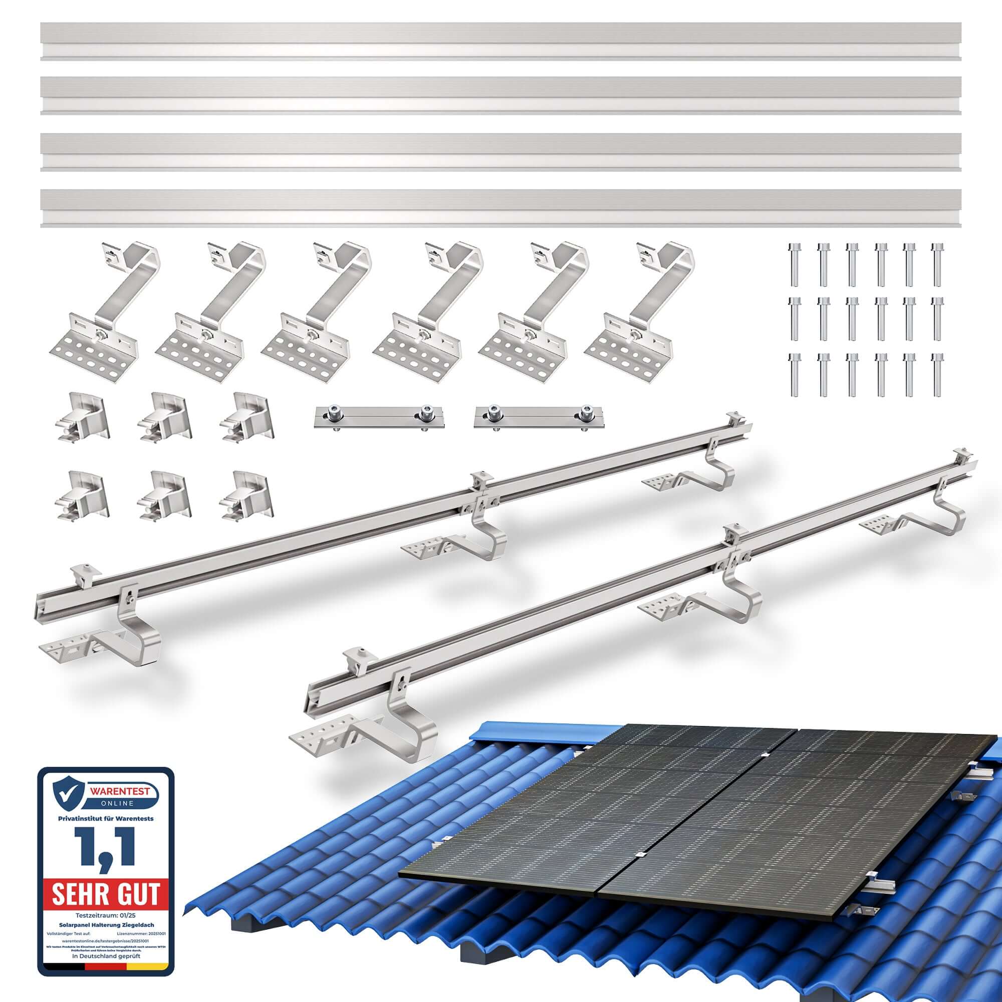 Solarmodul Halterung für den Ziegeldach,für 2 Solarmodule ,0% MwSt. mit robusten Aluminium- und Edelstahlkomponenten.