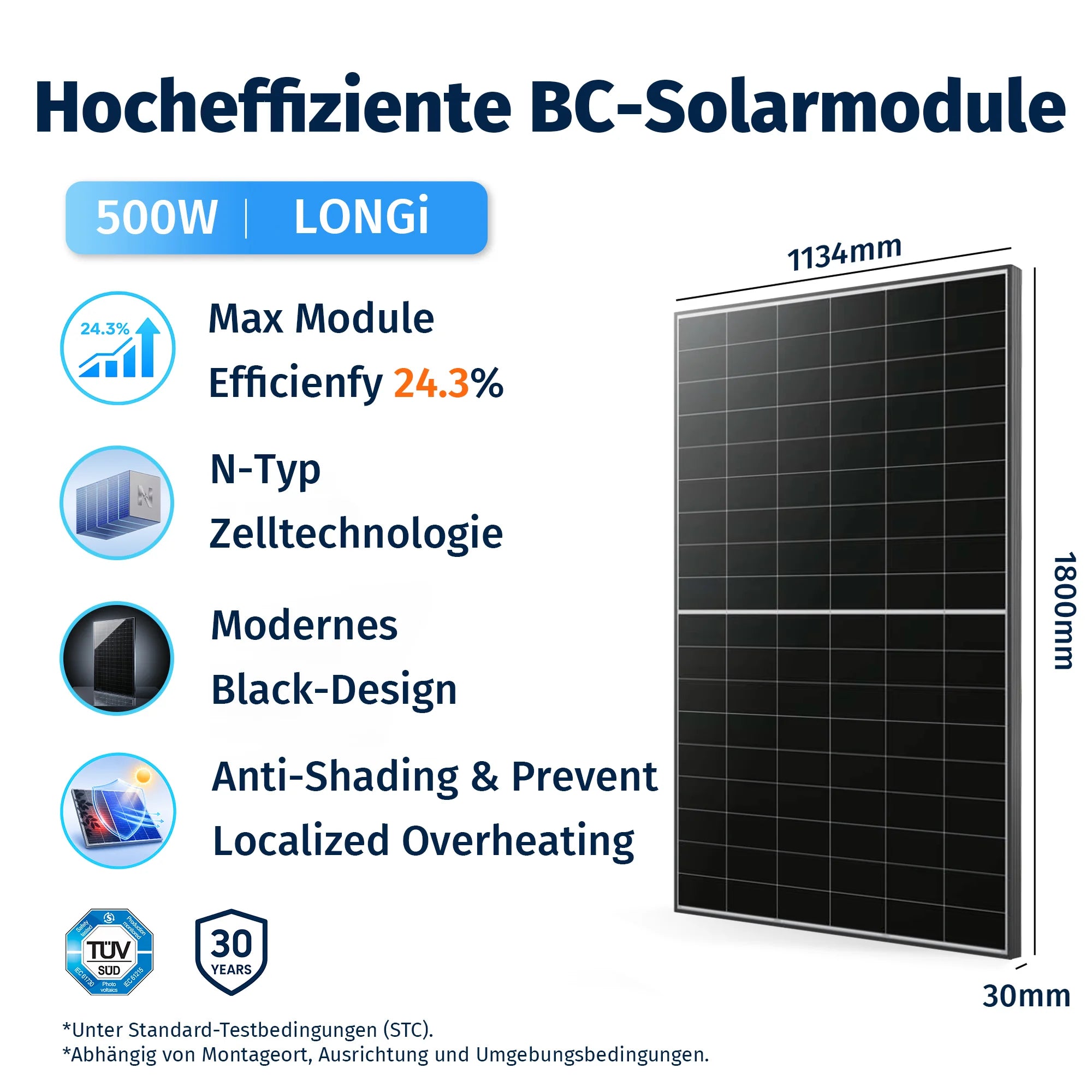 LONGi 500W BC Solarmodul Technische Daten – 24,5% Wirkungsgrad, Schwachlichtstark und Maße 1134x1800mm, ideal für Dachinstallation.