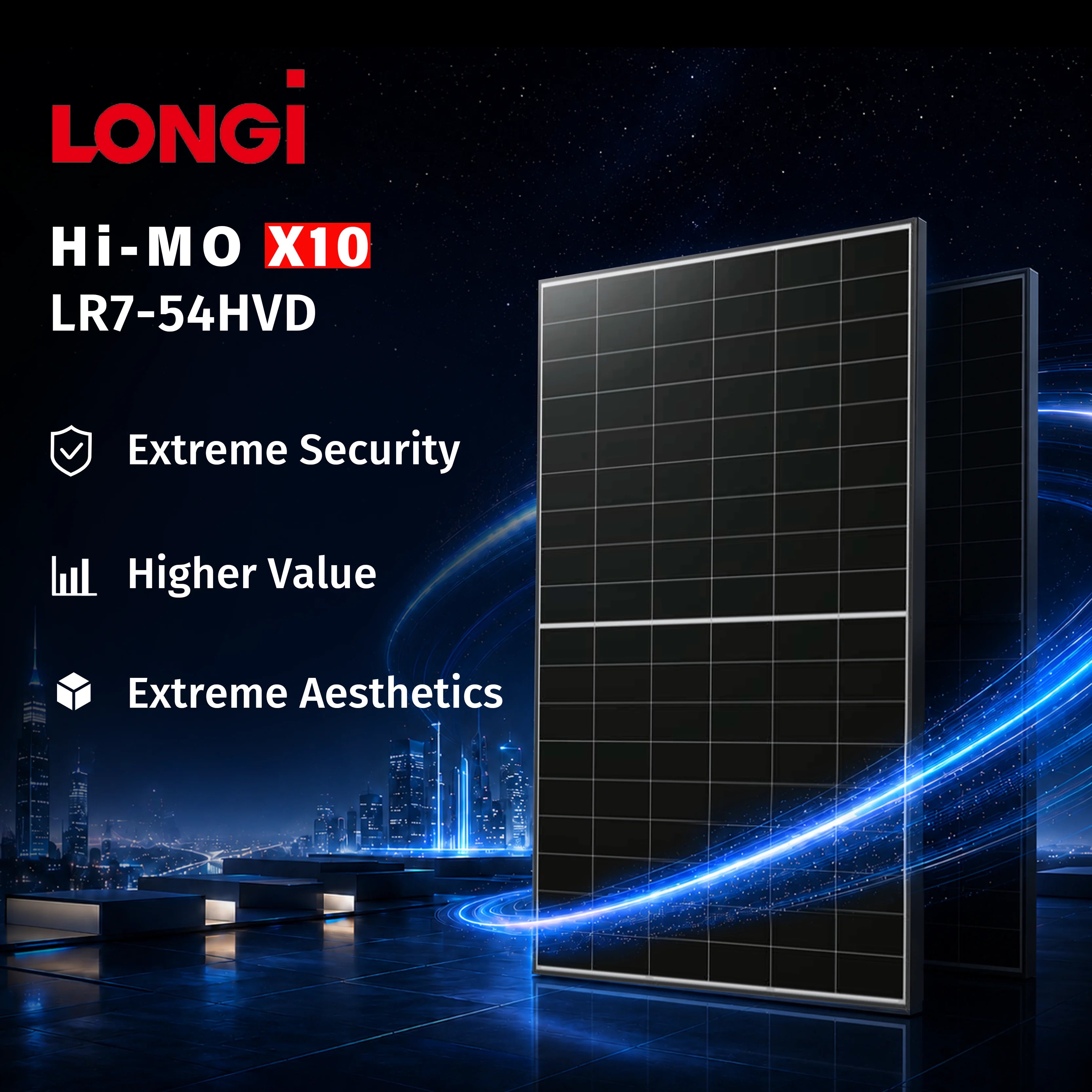LONGi Hi-MO X10 LR7-54HVD Solarmodul Poster – Betont Extreme Sicherheit, Höheren Wert und Extreme Ästhetik im Modernen Design.