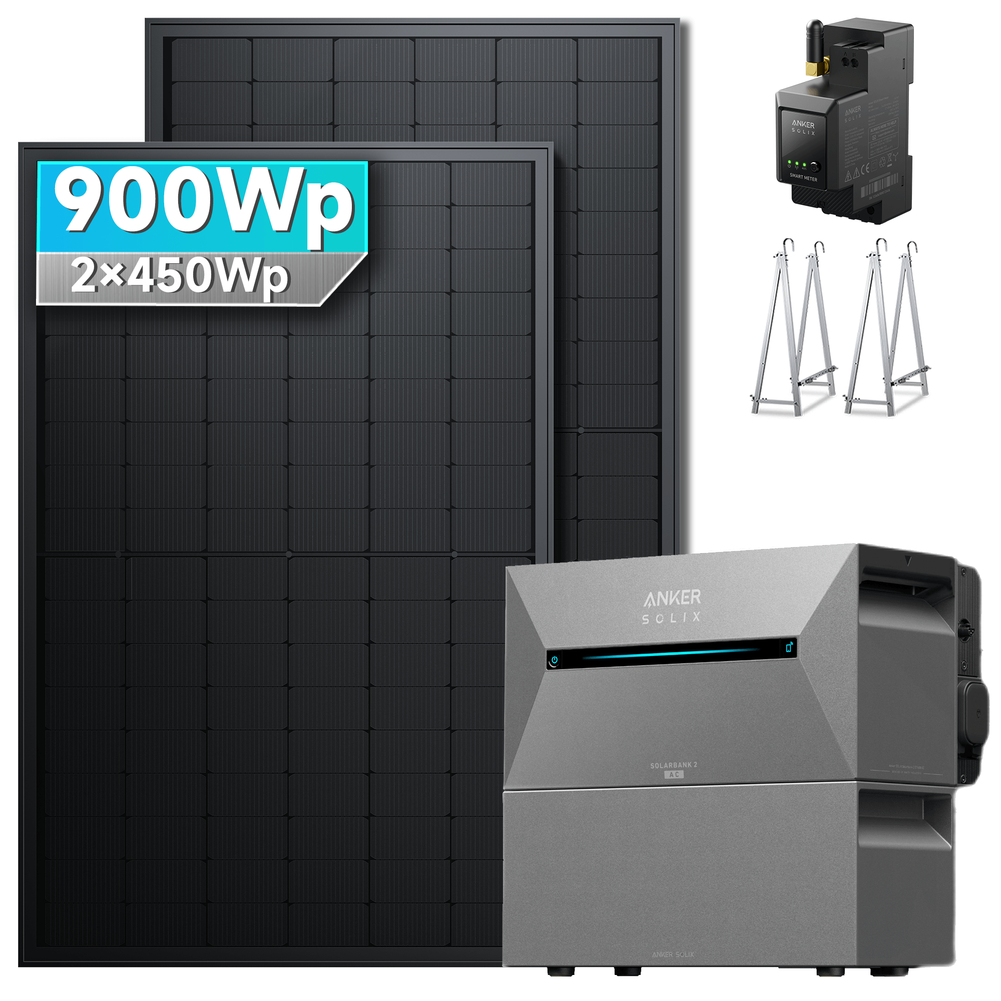 Anker SOLIX Solarbank 2 E1600 Pro Balkonkraftwerk speicher mit 450Wp Solarmodul und MC4 Solarkabel Set