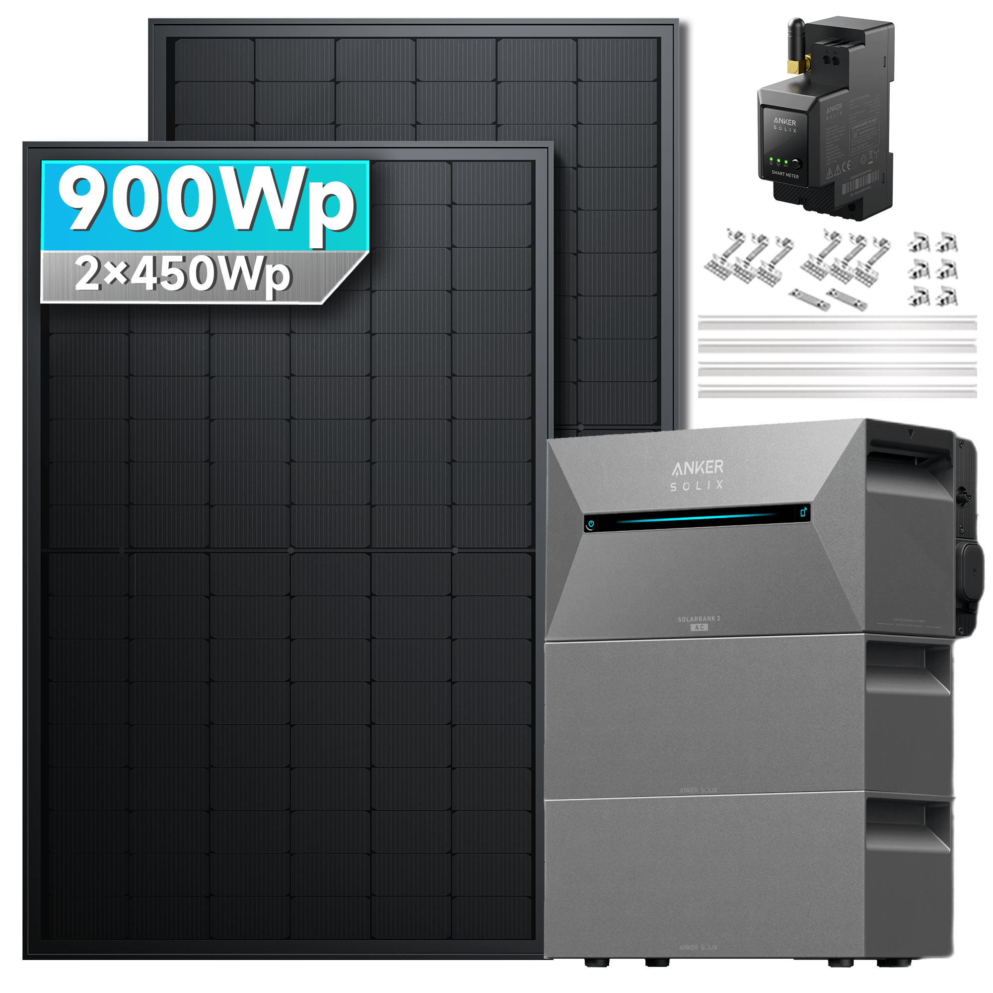Anker SOLIX Solarbank 2 E1600 Pro Balkonkraftwerk speicher mit 450Wp Solarmodul und MC4 Solarkabel Set