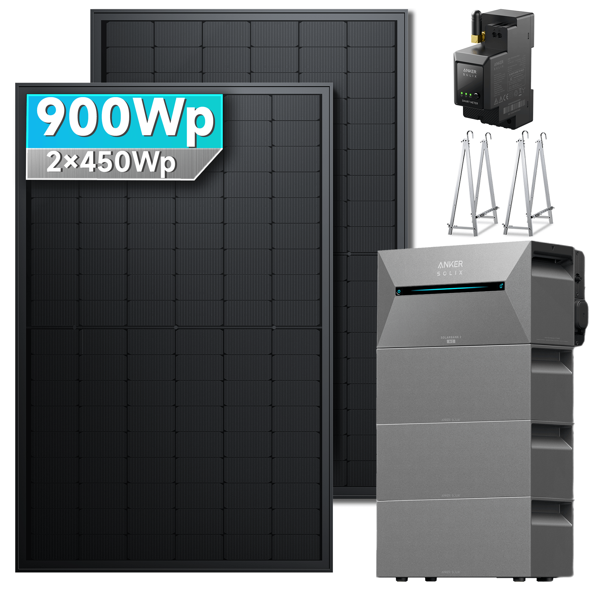 Anker SOLIX Solarbank 2 E1600 Pro Balkonkraftwerk speicher mit 450Wp Solarmodul und MC4 Solarkabel Set