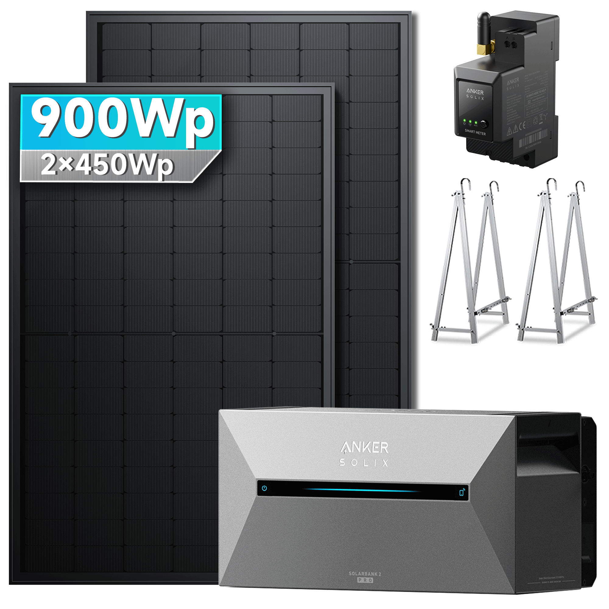 Anker SOLIX Solarbank 2 E1600 Pro Balkonkraftwerk speicher mit 450Wp Solarmodul und MC4 Solarkabel Set