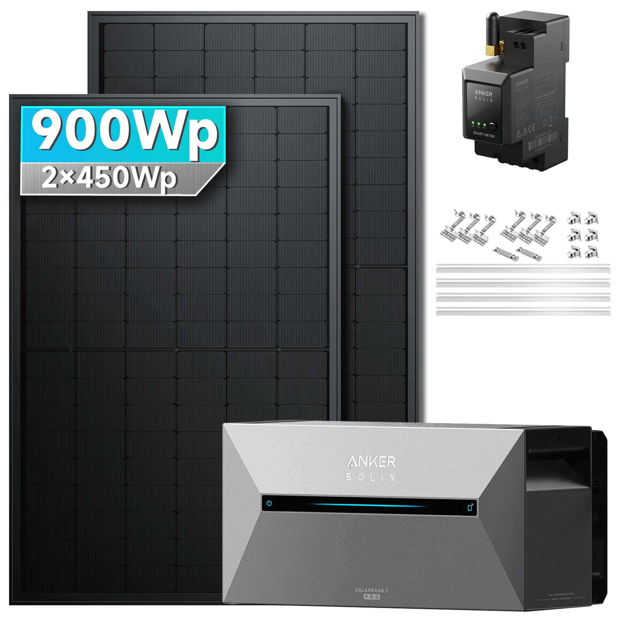 Anker SOLIX Solarbank 2 E1600 Pro Balkonkraftwerk speicher mit 450Wp Solarmodul und MC4 Solarkabel Set