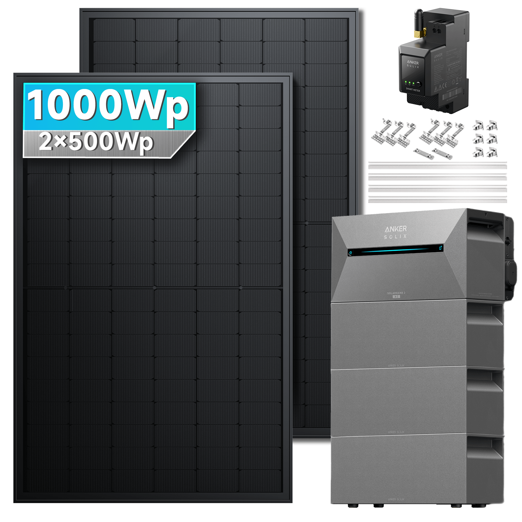 Anker SOLIX Solarbank 2 E1600 Pro Balkonkraftwerk speicher mit 500Wp Solarmodul Set und Zubehör für Photovoltaik.