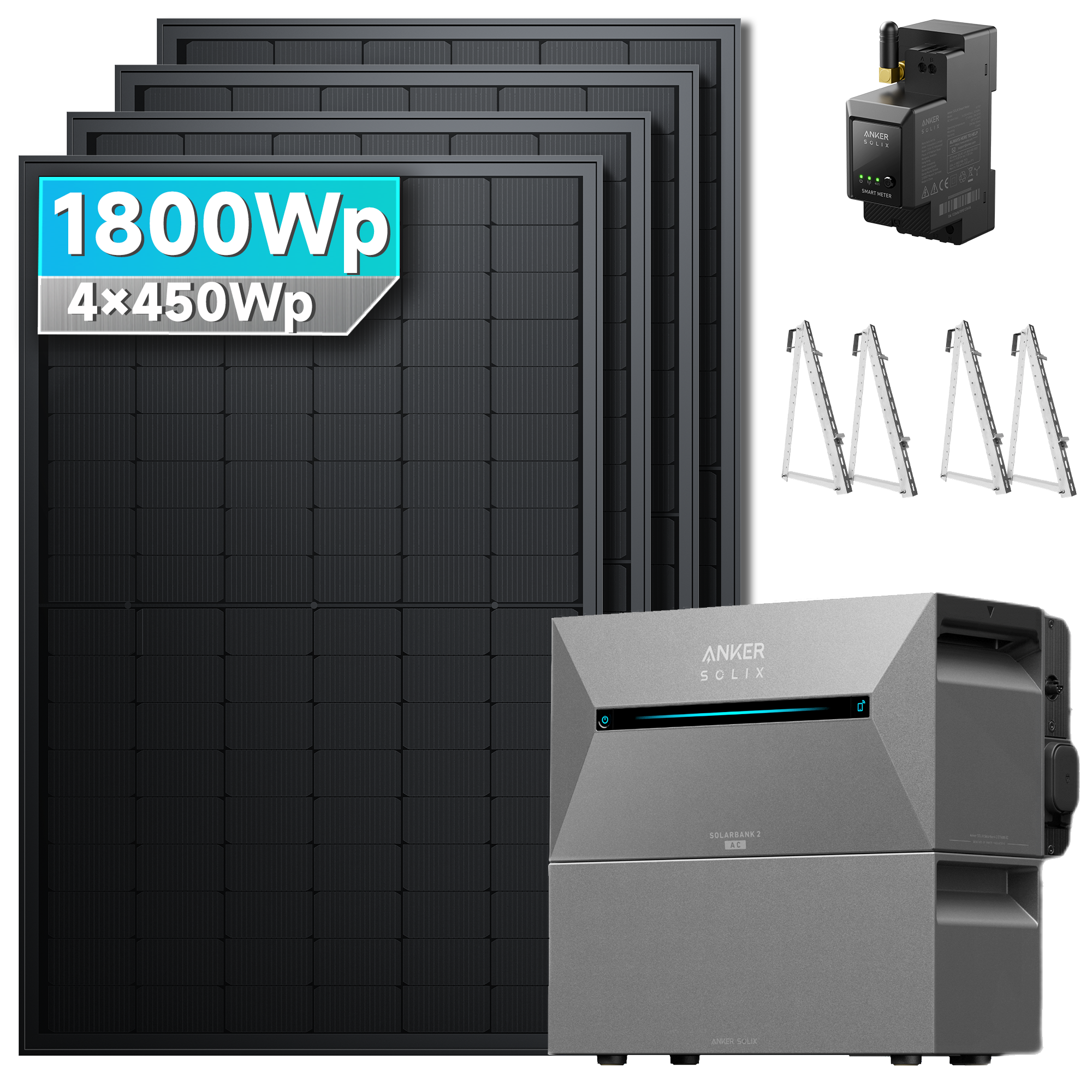 Anker SOLIX Solarbank 2 E1600 Pro Balkonkraftwerk Speicher mit 450Wp Solarmodul und MC4 Solarkabel Set