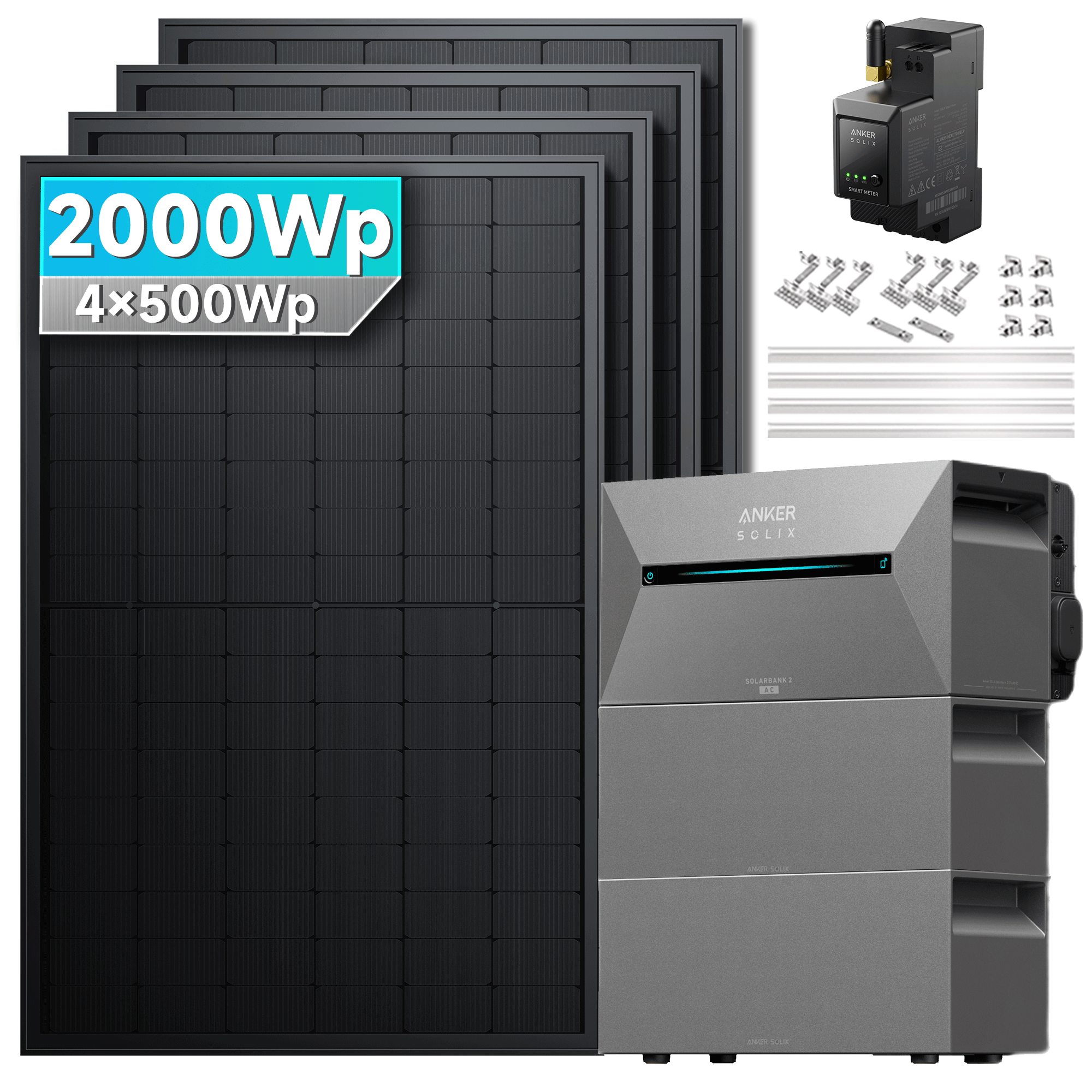 Anker SOLIX Solarbank 2 E1600 Pro Balkonkraftwerk speicher mit 500Wp Solarmodul Set, 2000Wp, 4x500Wp Solarmodule.