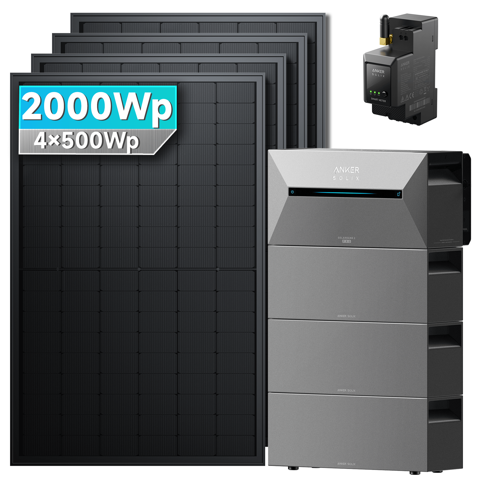 Anker SOLIX Solarbank 2 E1600 Pro Balkonkraftwerk speicher mit 500Wp Solarmodul Set, 2000Wp mit 4x500Wp Solarmodulen.