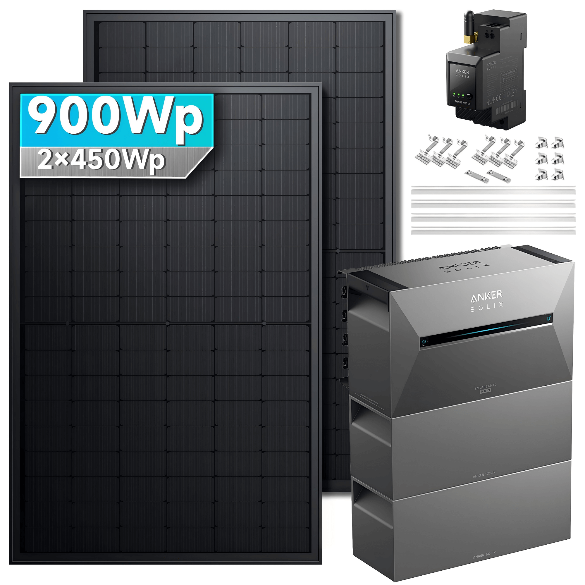 Anker SOLIX Solarbank 3 E2700 Pro Balkonkraftwerk speicher mit 450Wp Solarmodul und MC4 Solarkabel Set