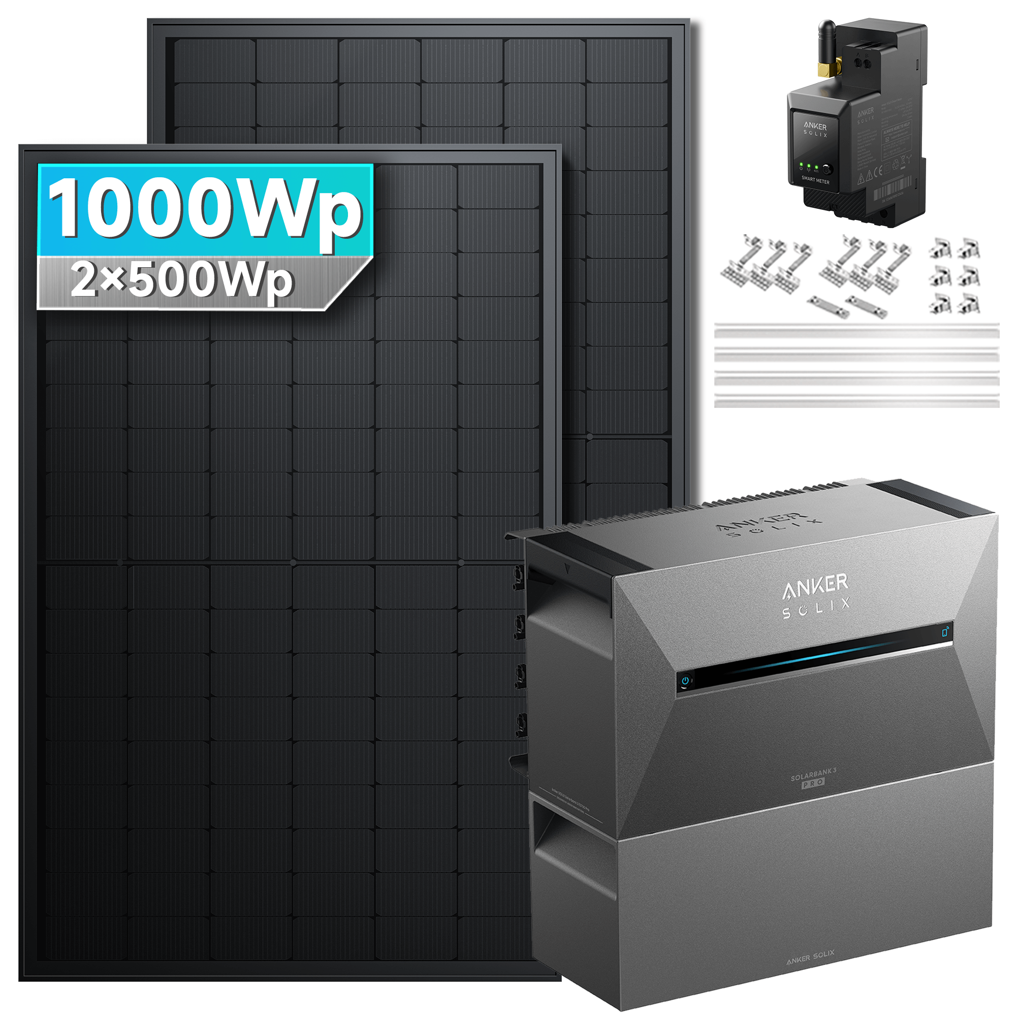 1000Wp Anker Solix Balkonkraftwerk Komplettset mit 2x500Wp bifazialen PV-Panels. Speicher: Mit 1x BP2700 Erweiterungsakku. Halterung: Mit Ziegeldachhalterung.