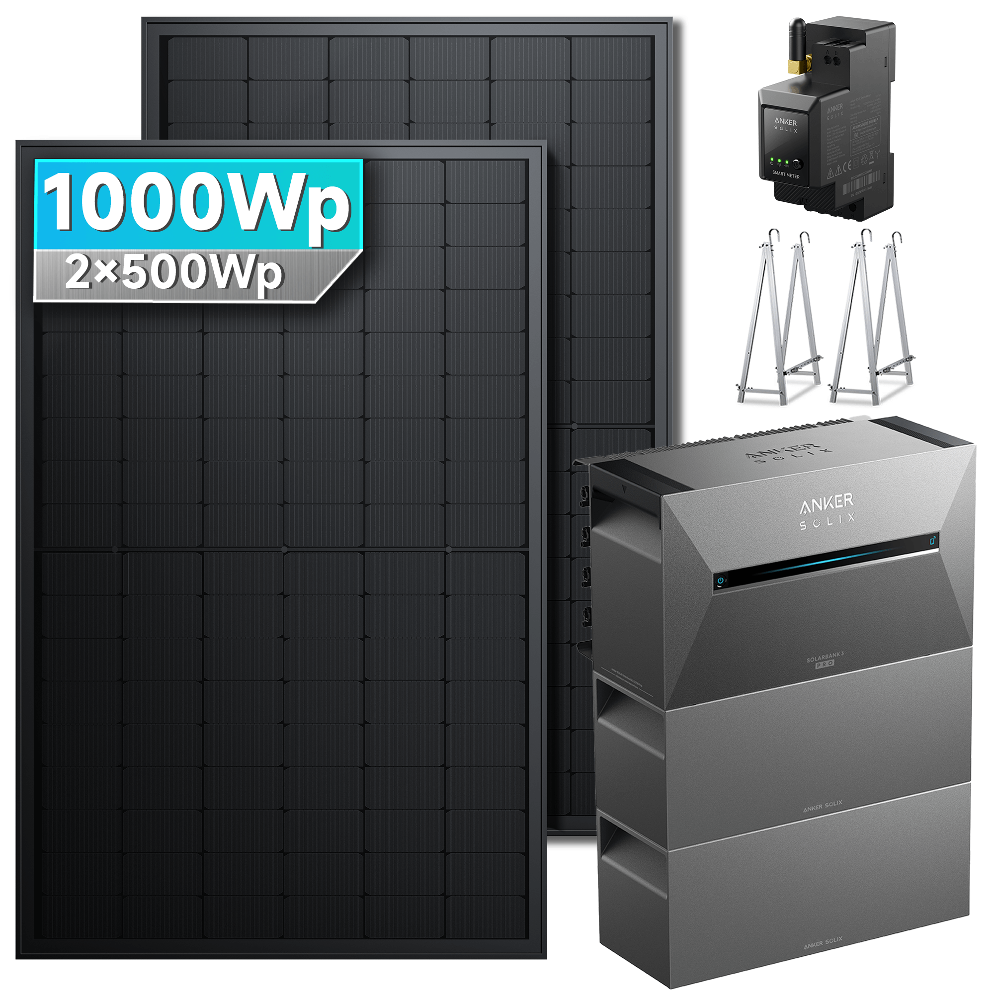 1000Wp Anker Solix Balkonkraftwerk Komplettset mit 2x500Wp bifazialen PV-Panels. Speicher: Mit 2x BP2700 Erweiterungsakku. Halterung: Mit Balkonhalterung.