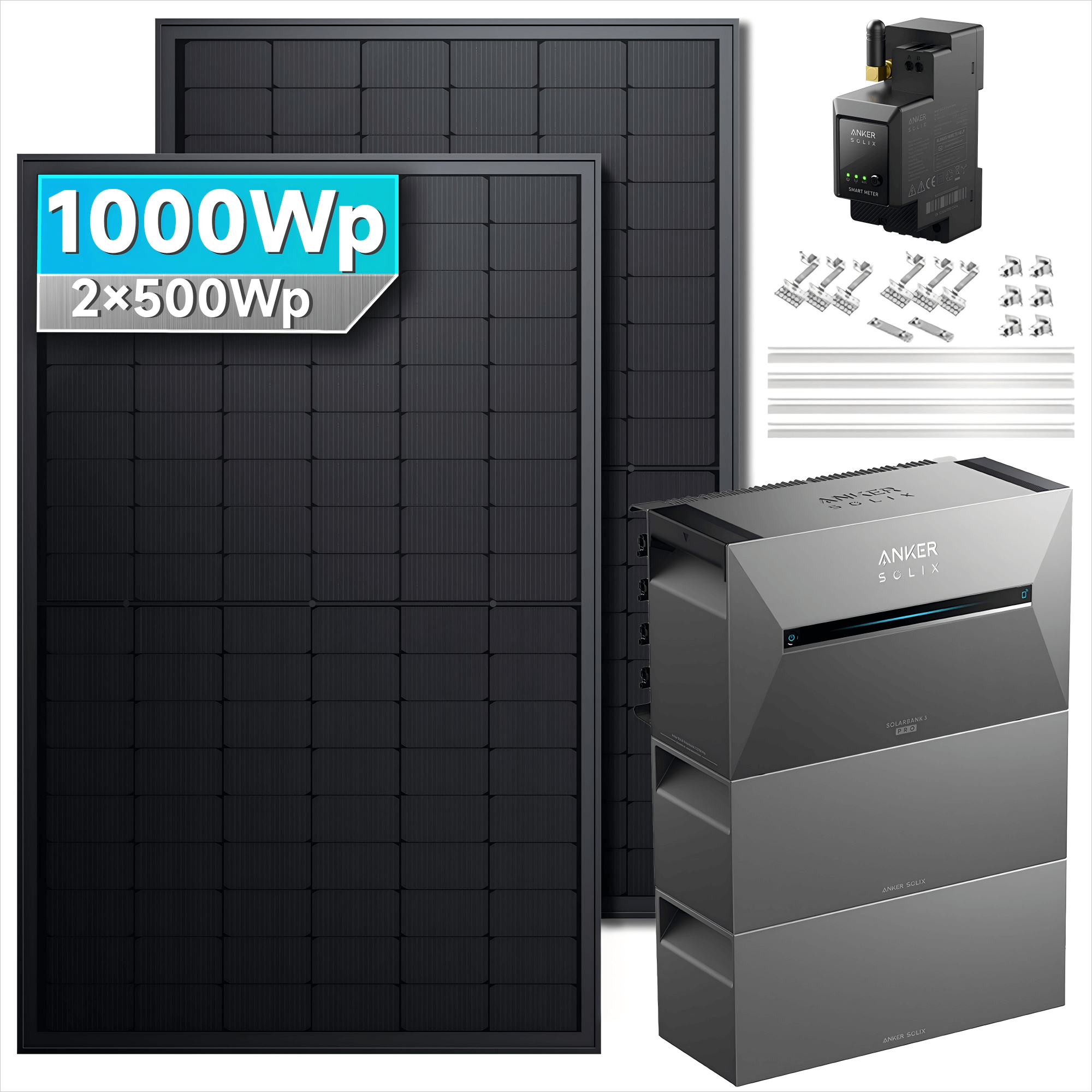1000Wp Anker Solix Balkonkraftwerk Komplettset mit 2x500Wp bifazialen PV-Panels. Speicher: Mit 2x BP2700 Erweiterungsakku. Halterung: Mit Ziegeldachhalterung.