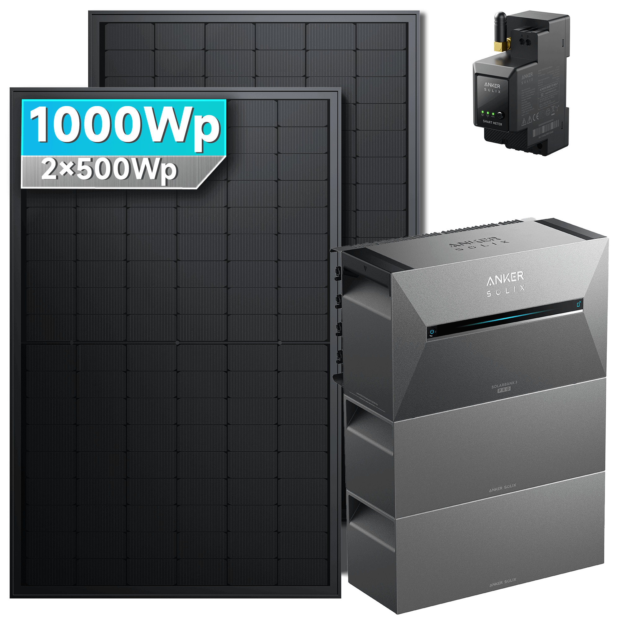 1000Wp Anker Solix Balkonkraftwerk Komplettset mit 2x500Wp bifazialen PV-Panels. Speicher: Mit 2x BP2700 Erweiterungsakku. Halterung: Ohne Halterung.