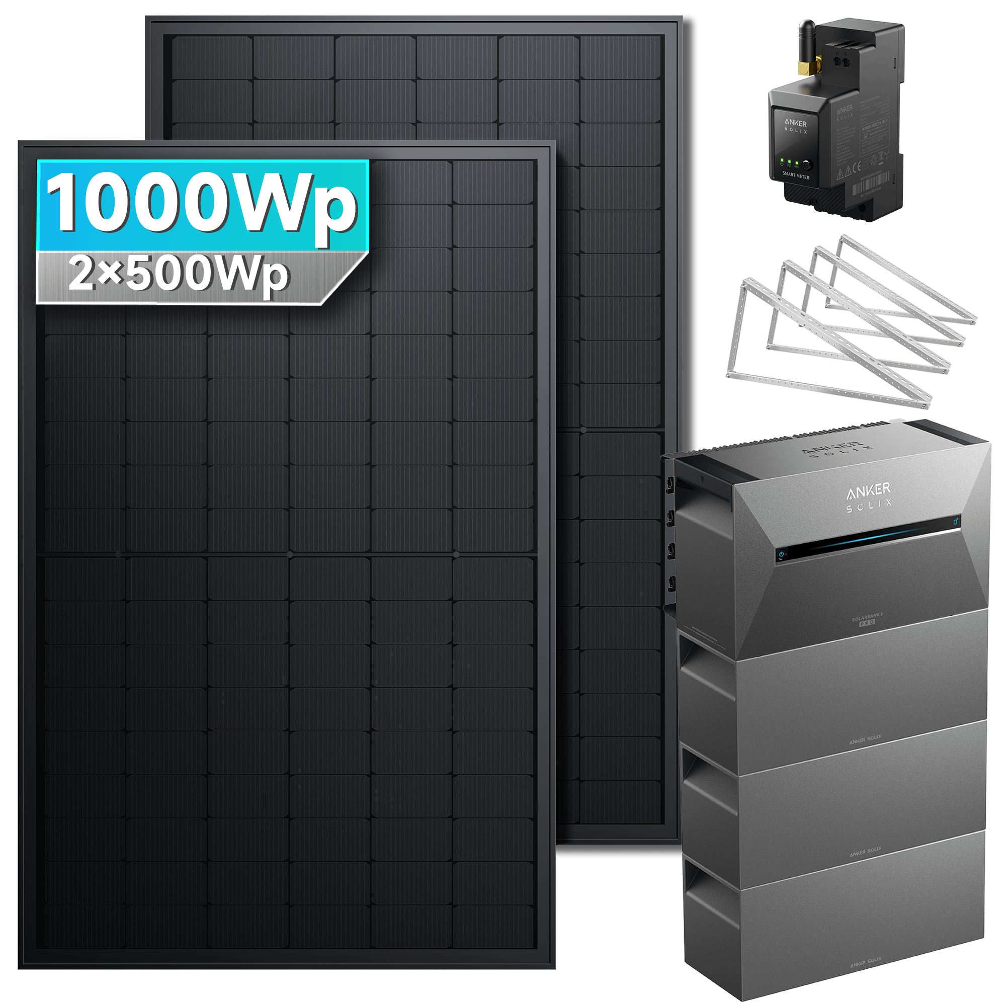 1000Wp Anker Solix Balkonkraftwerk Komplettset mit 2x500Wp bifazialen PV-Panels. Speicher: Mit 2x BP2700 Erweiterungsakku. Halterung: Mit Garten-/Flachdachhalterung.