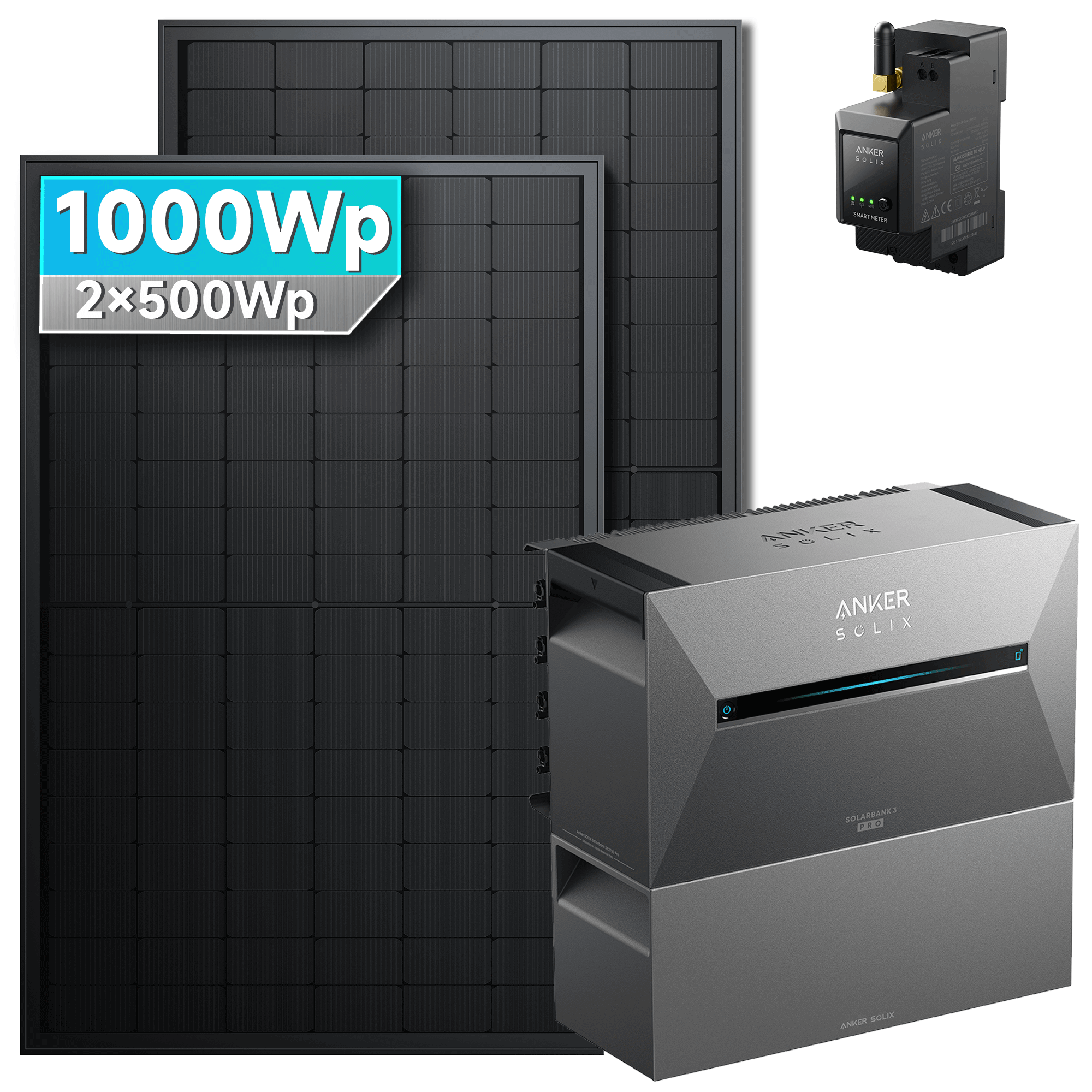 1000Wp Anker Solix Balkonkraftwerk Komplettset mit 2x500Wp bifazialen PV-Panels. Speicher: Mit 1x BP2700 Erweiterungsakku. Halterung: Ohne Halterung.
