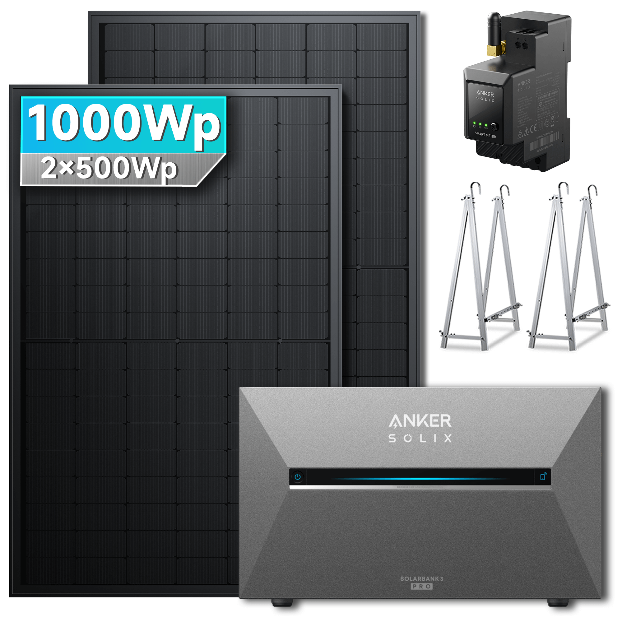 Anker SOLIX Solarbank 3 Pro with 2x500Wp solar panels, mounting stands, and solar power inverter, total 1000Wp.