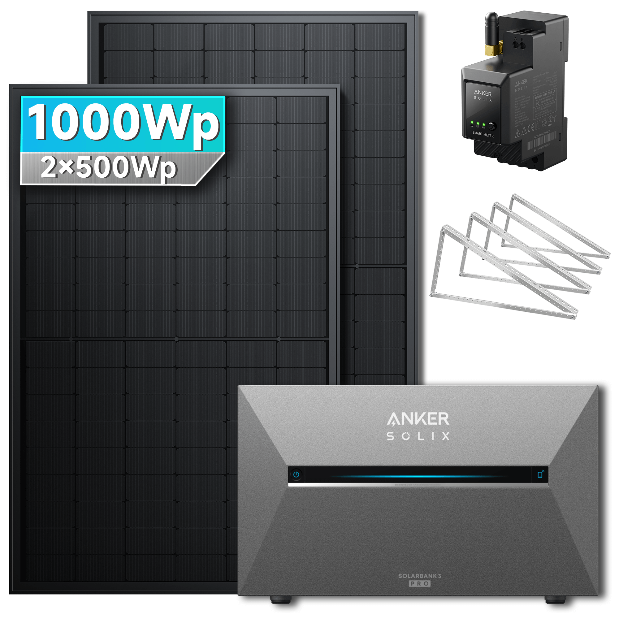 Anker SOLIX Solarbank 3 Pro set with two 500W bifacial solar panels, mounting brackets, and an inverter for efficient energy generation.