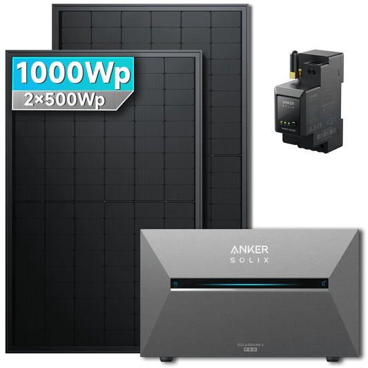 1000Wp Anker Solix Balkonkraftwerk Komplettset mit 2x500Wp bifazialen PV-Panels. Speicher: Ohne Erweiterungsakku. Halterung: Ohne Halterung.